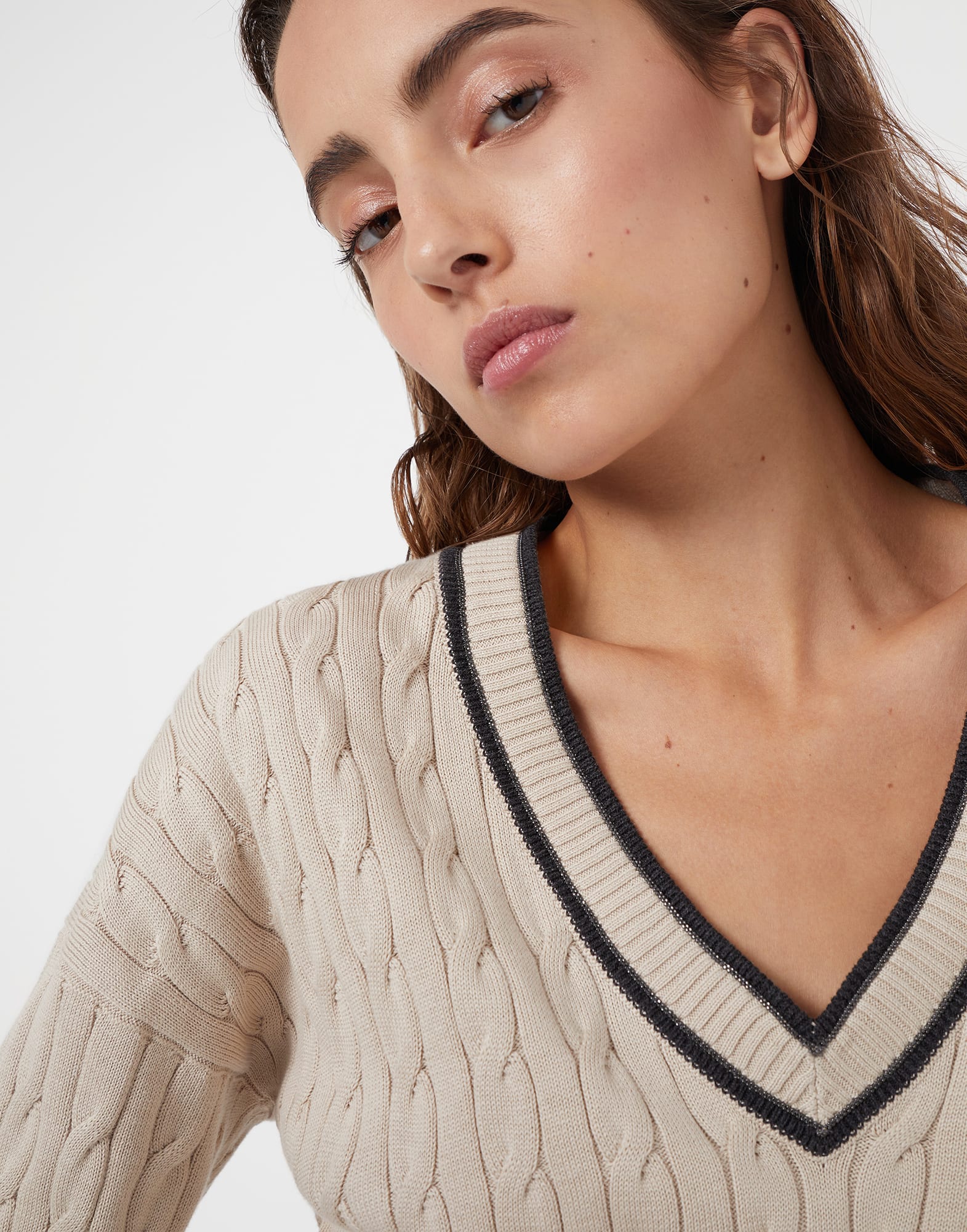 Cotton cable knit sweater with shiny contrast trims