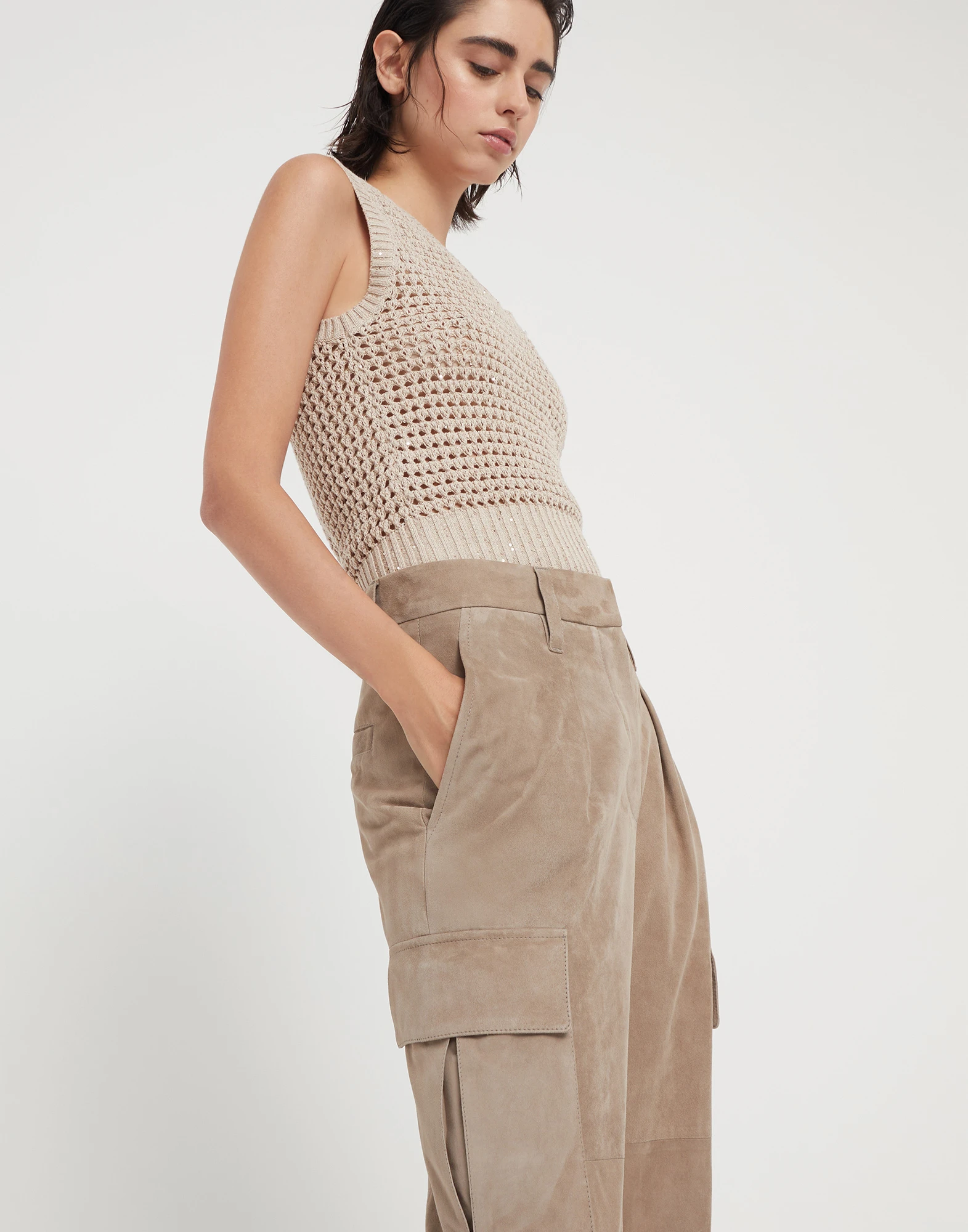 Suede slouchy cargo trousers