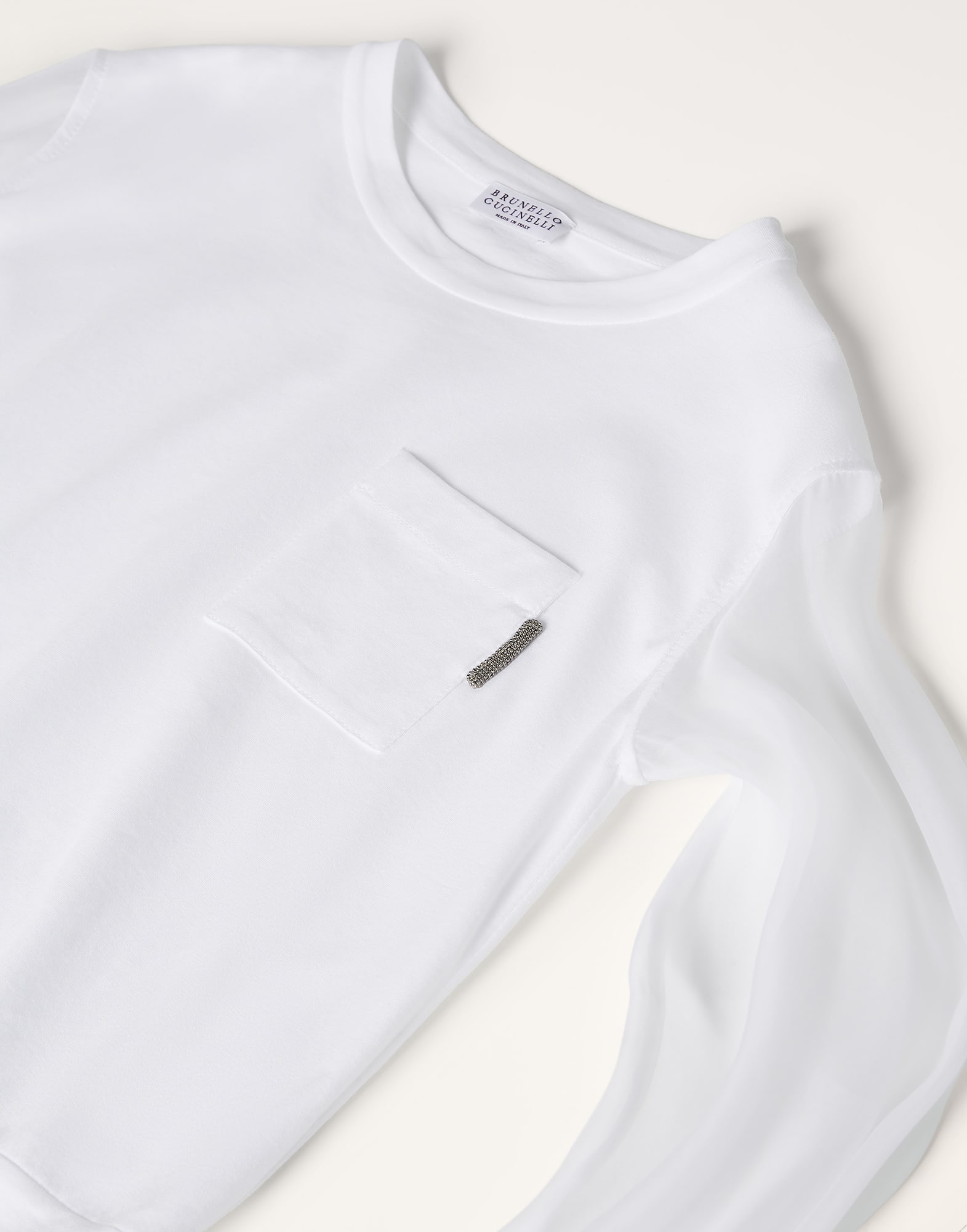 Cotton lightweight jersey top with crispy silk sleeves and monili