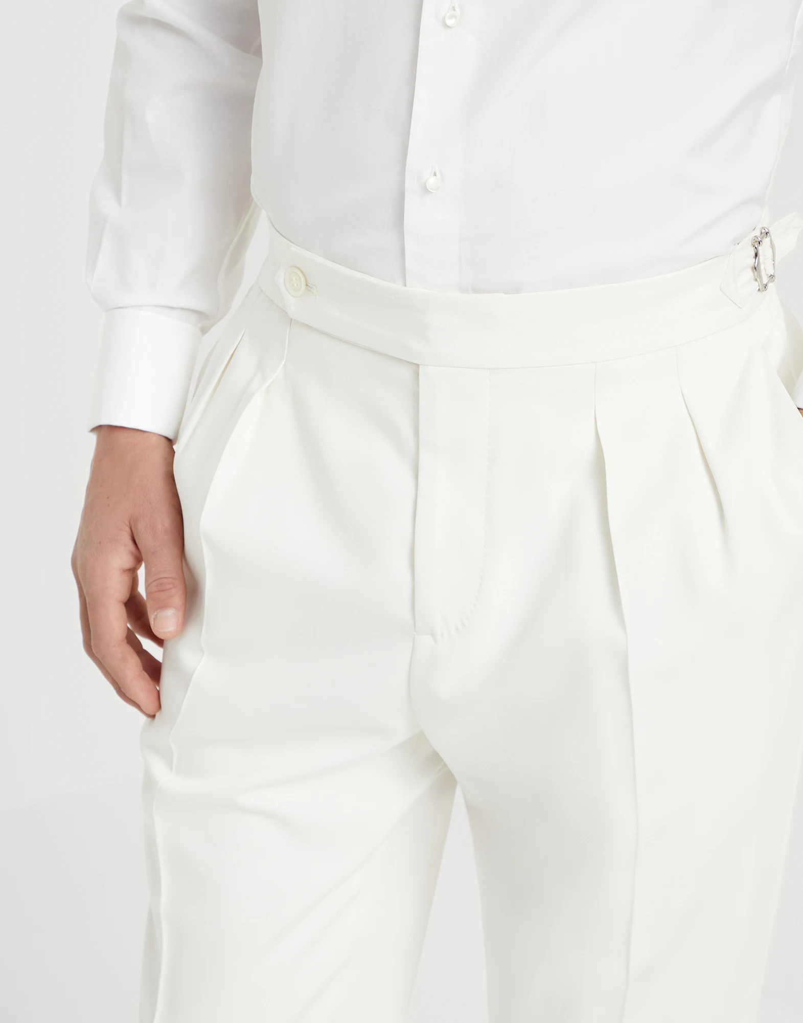 Delave silk twill tuxedo trousers with double pleats and tabbed waistband