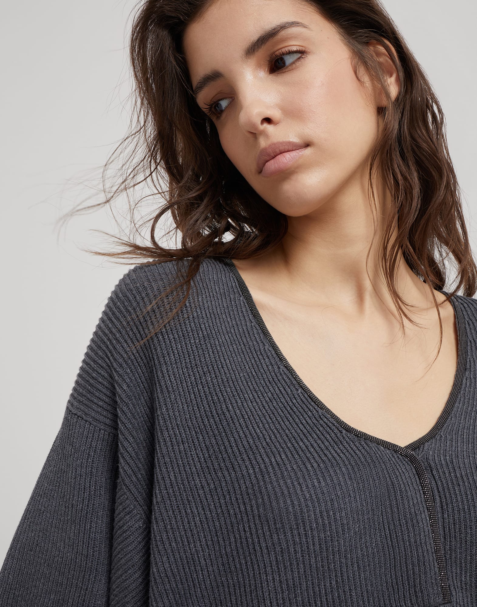 Cotton English rib short sleeve sweater with shiny neckline