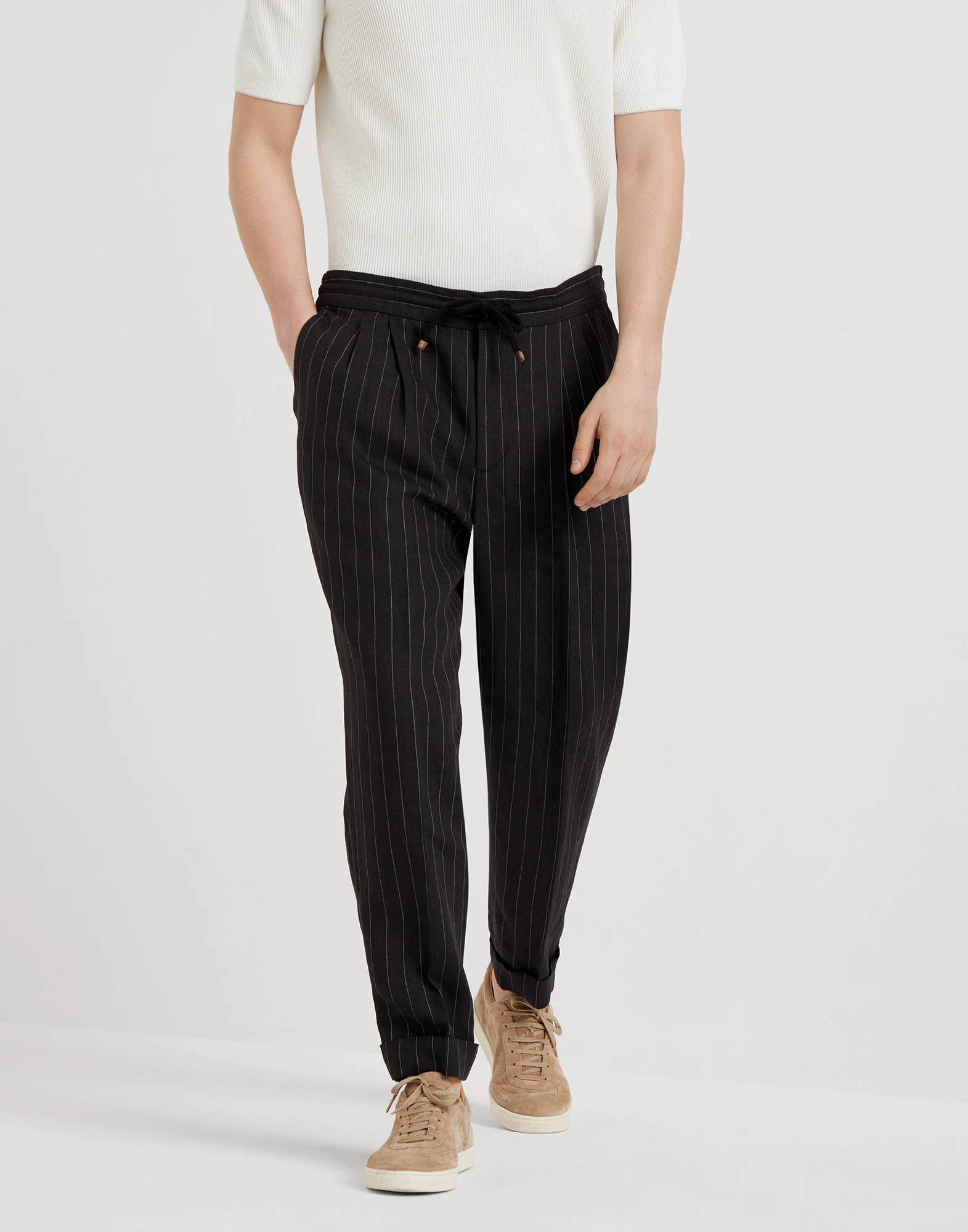 Linen chalk stripe leisure fit trousers with drawstring and double pleats