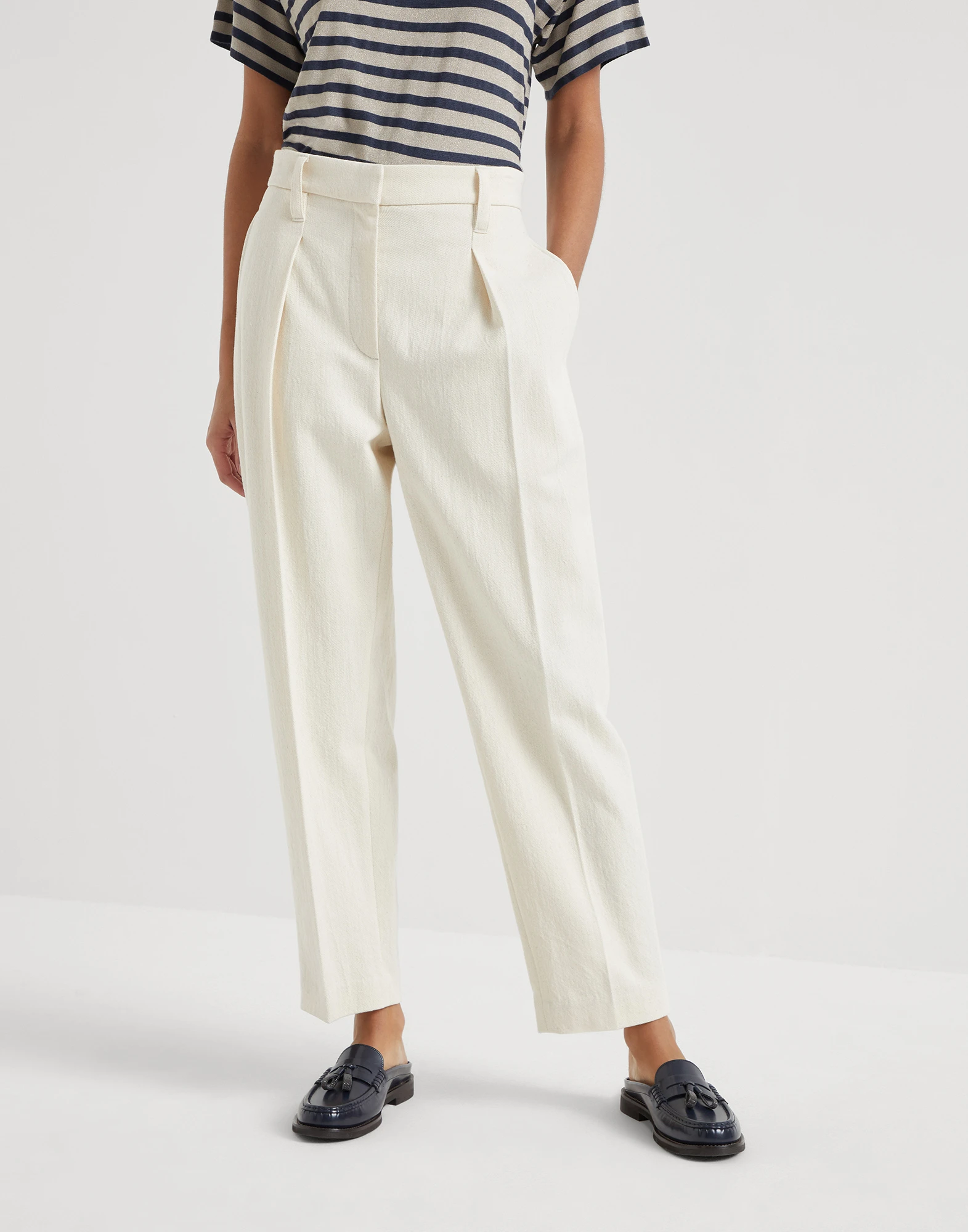 Cotton and virgin wool techno gabardine slouchy trousers with monili
