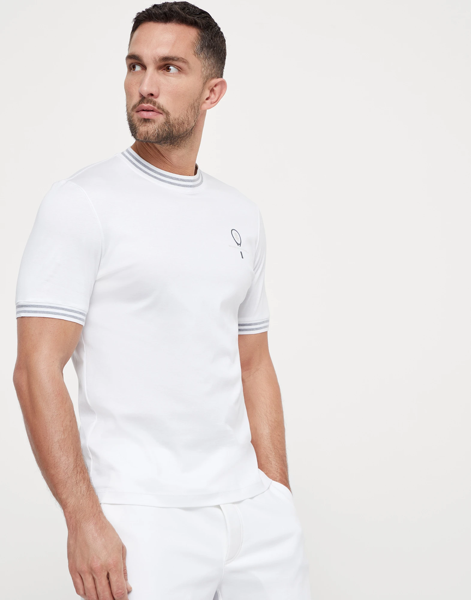 Cotton jersey striped crew neck T-shirt with tennis logo