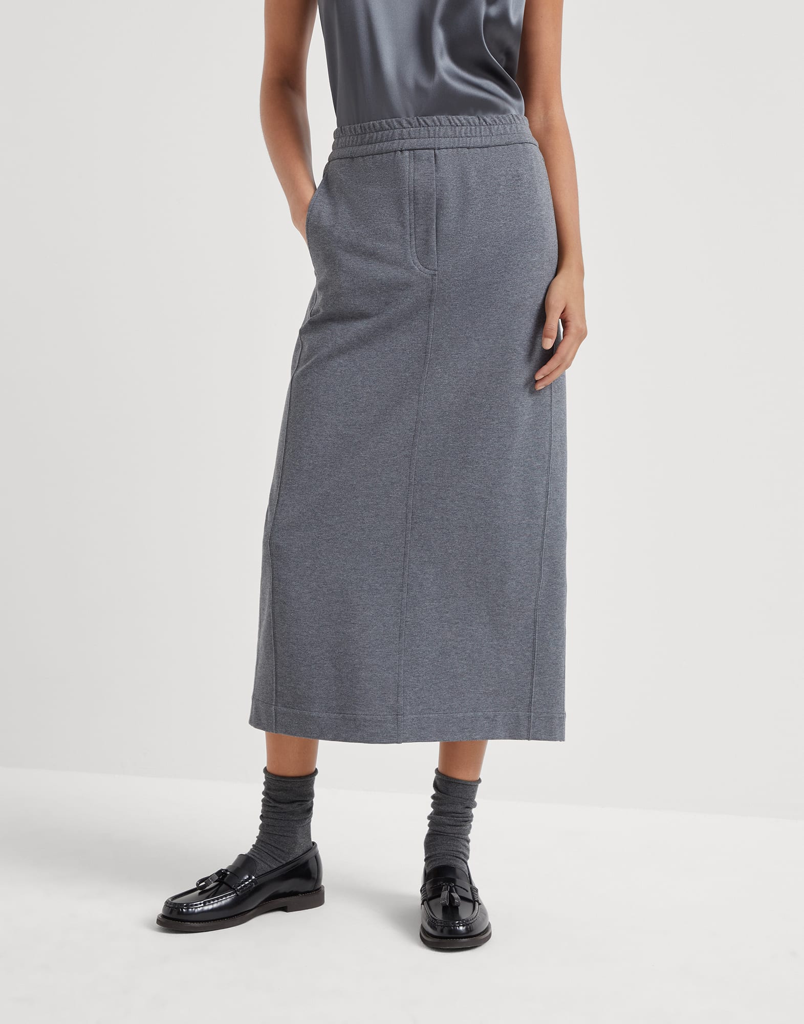 Stretch cotton lightweight French terry midi track skirt
