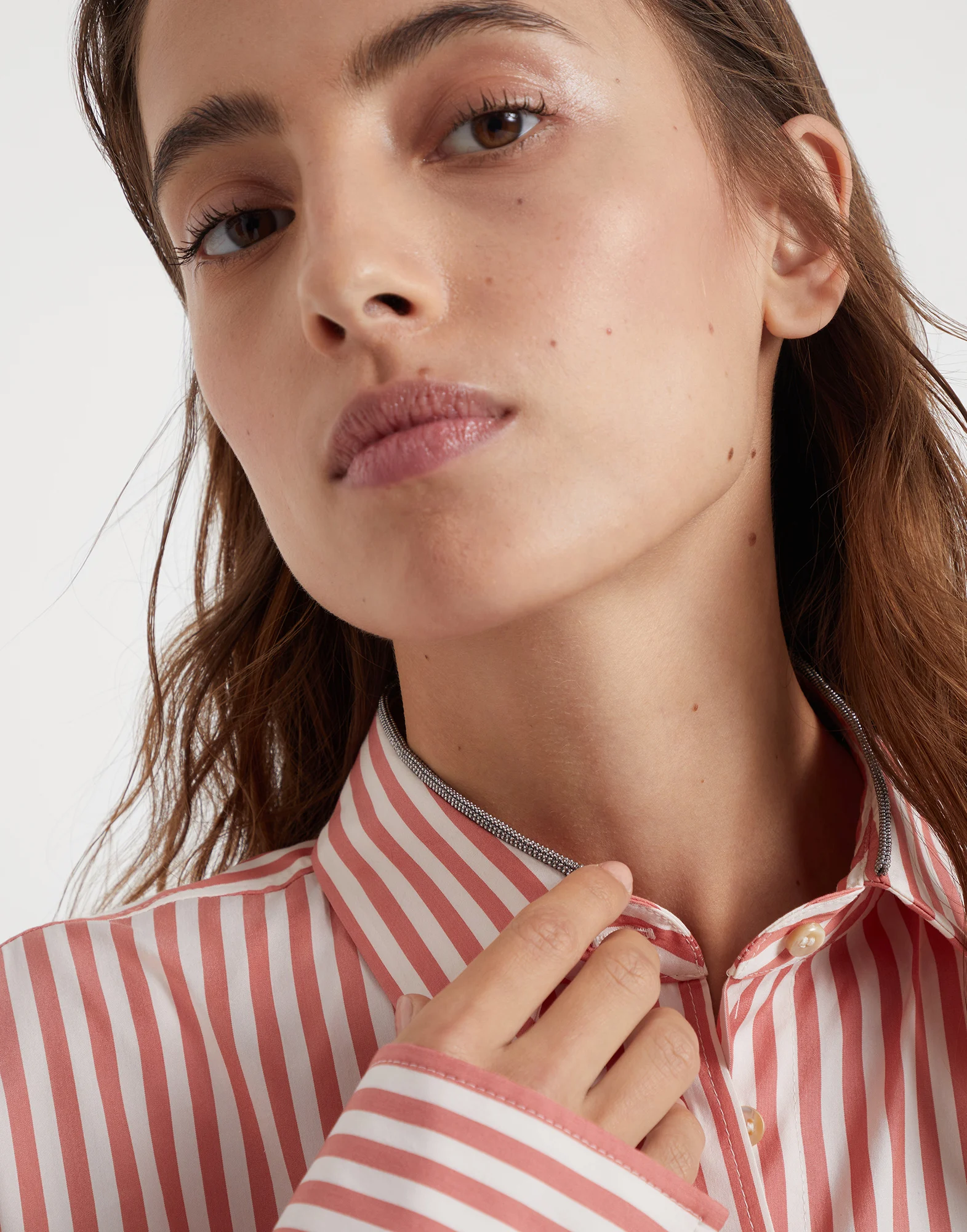 Cotton and silk striped poplin shirt with shiny collar