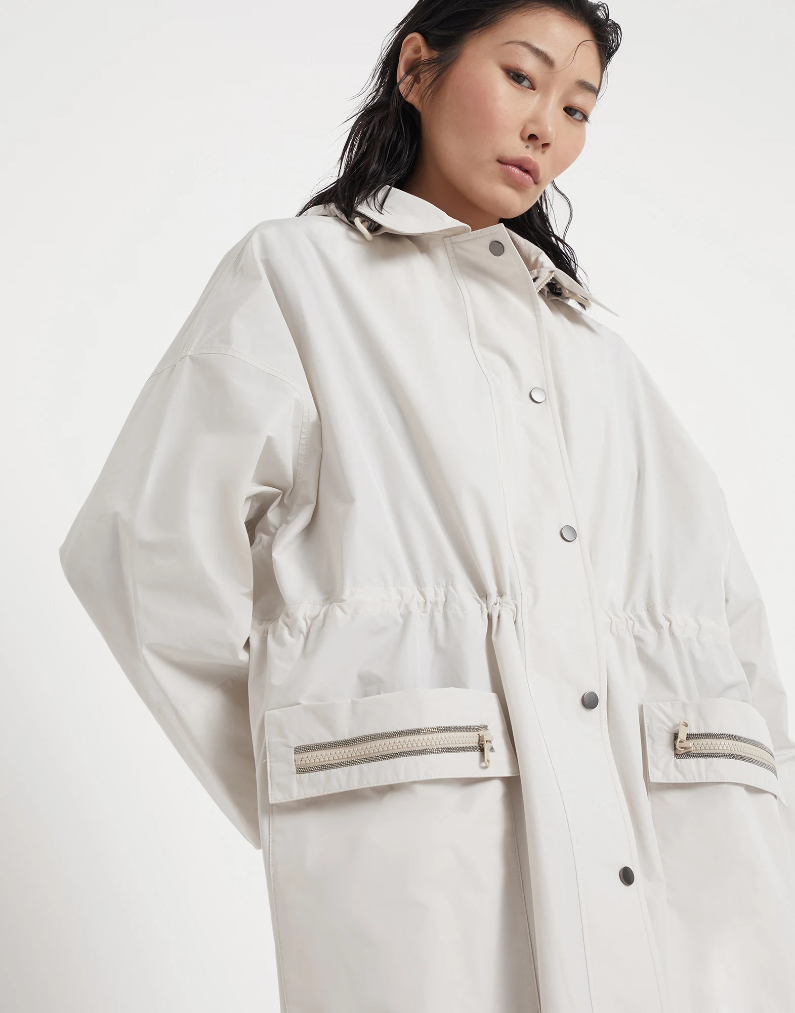 Water-resistant taffeta outerwear jacket with shiny pocket trim