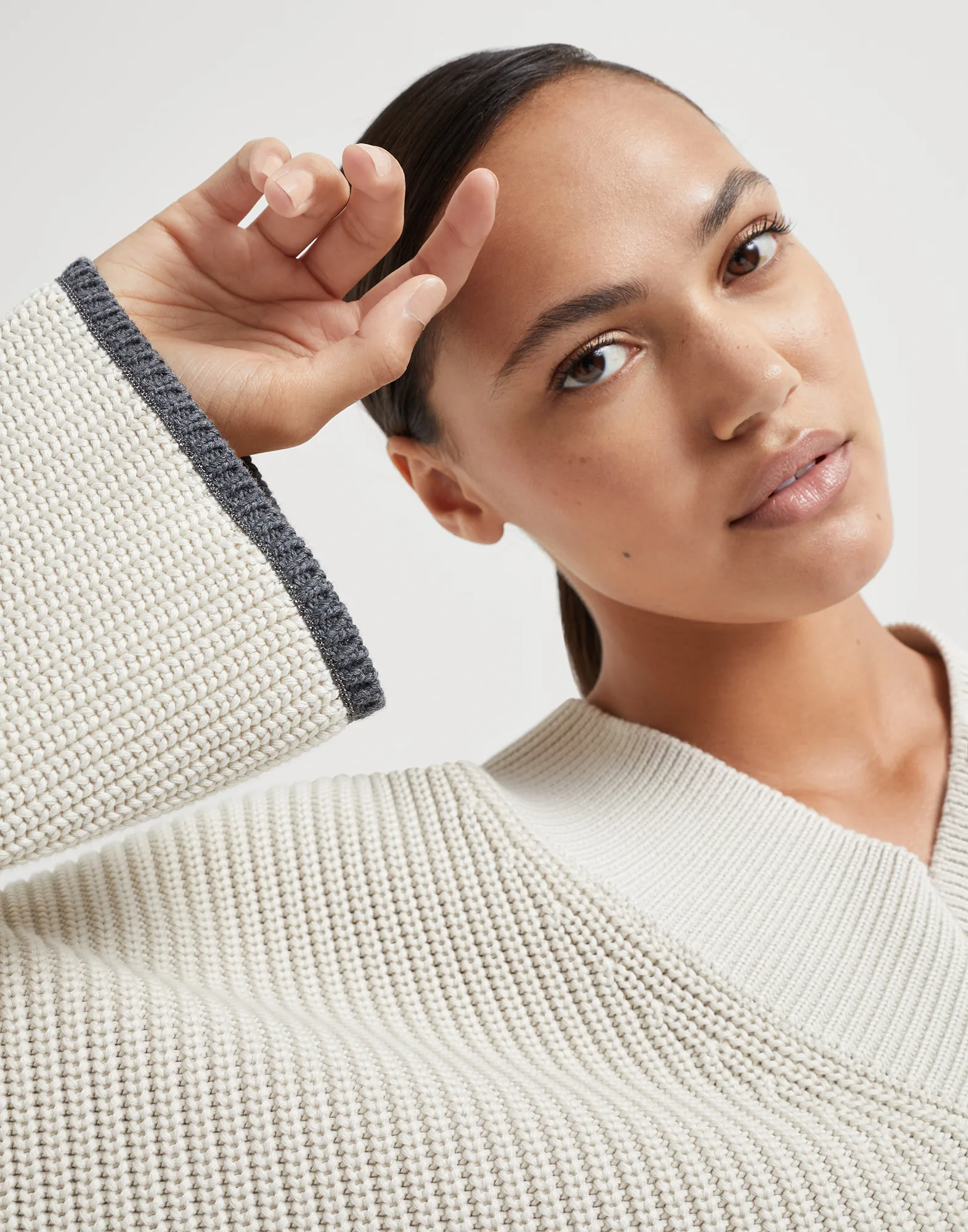 Cotton English rib sweater with shiny contrast cuffs