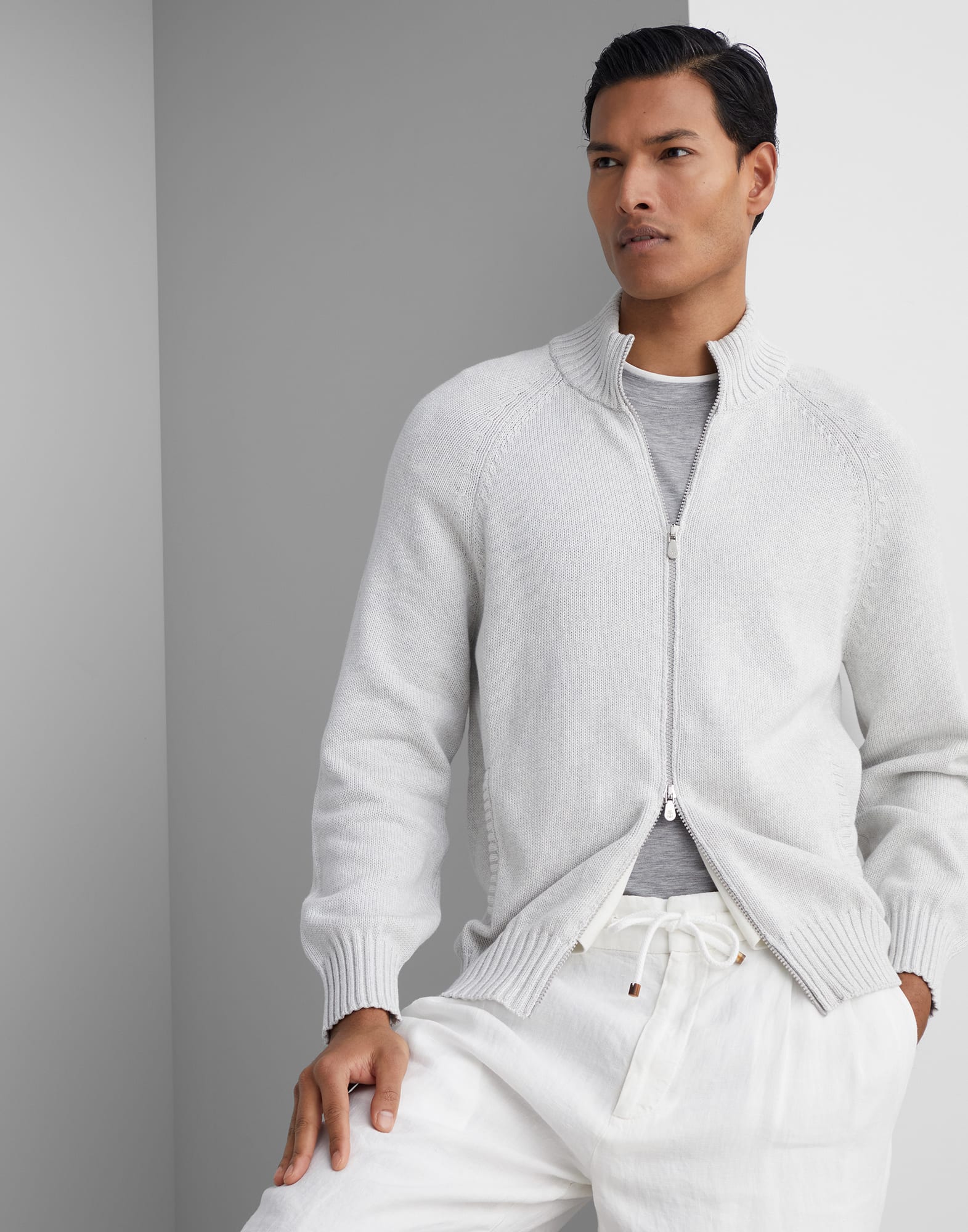 Cotton chine cardigan with raglan sleeves and zipper