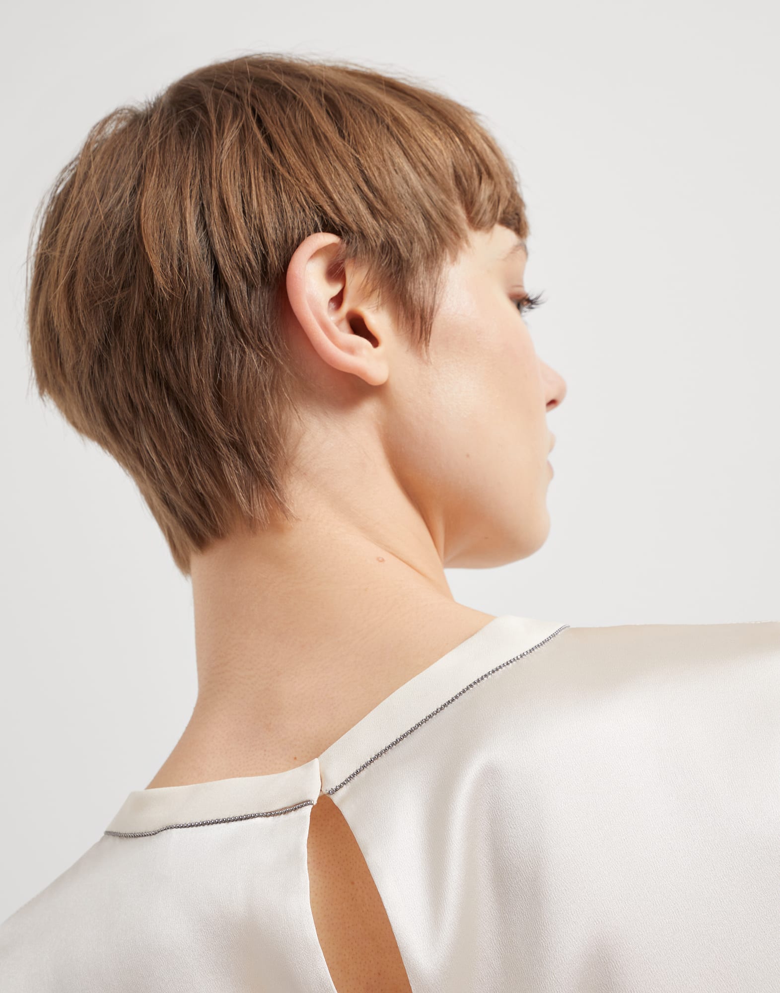 Stretch silk satin T-shirt with monili