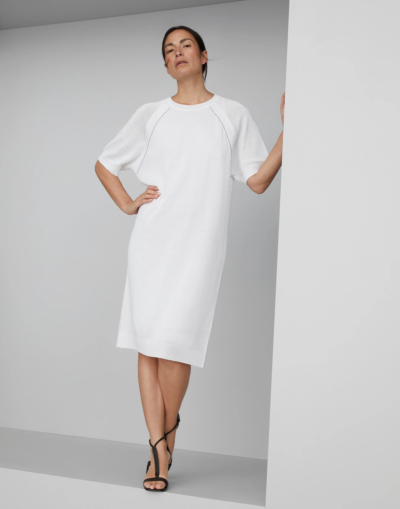 Cotton knit dress with shiny piping