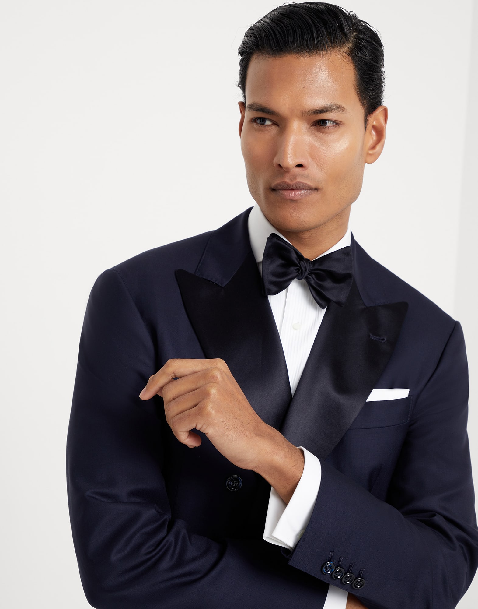 Lightweight virgin wool and silk twill tuxedo with one-and-a-half breasted jacket and double-pleated trousers