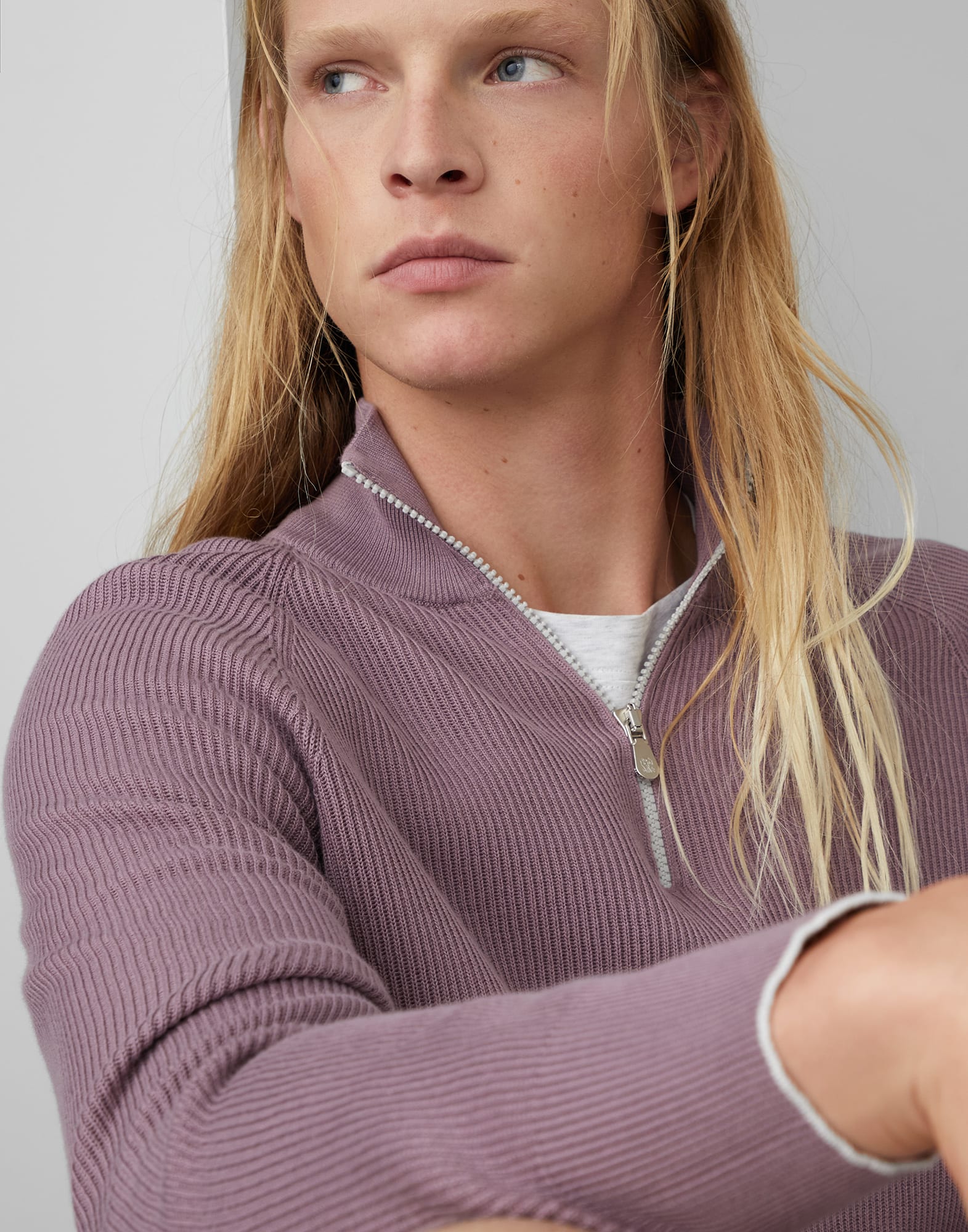 Cotton English rib knit sweater with half zip and raglan sleeves
