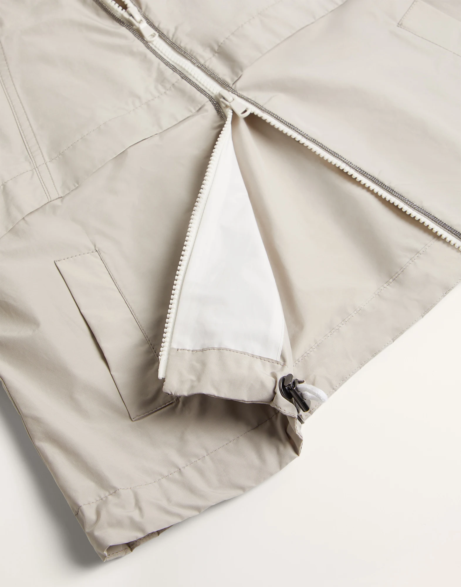 Water-resistant taffeta hooded outerwear jacket with monili