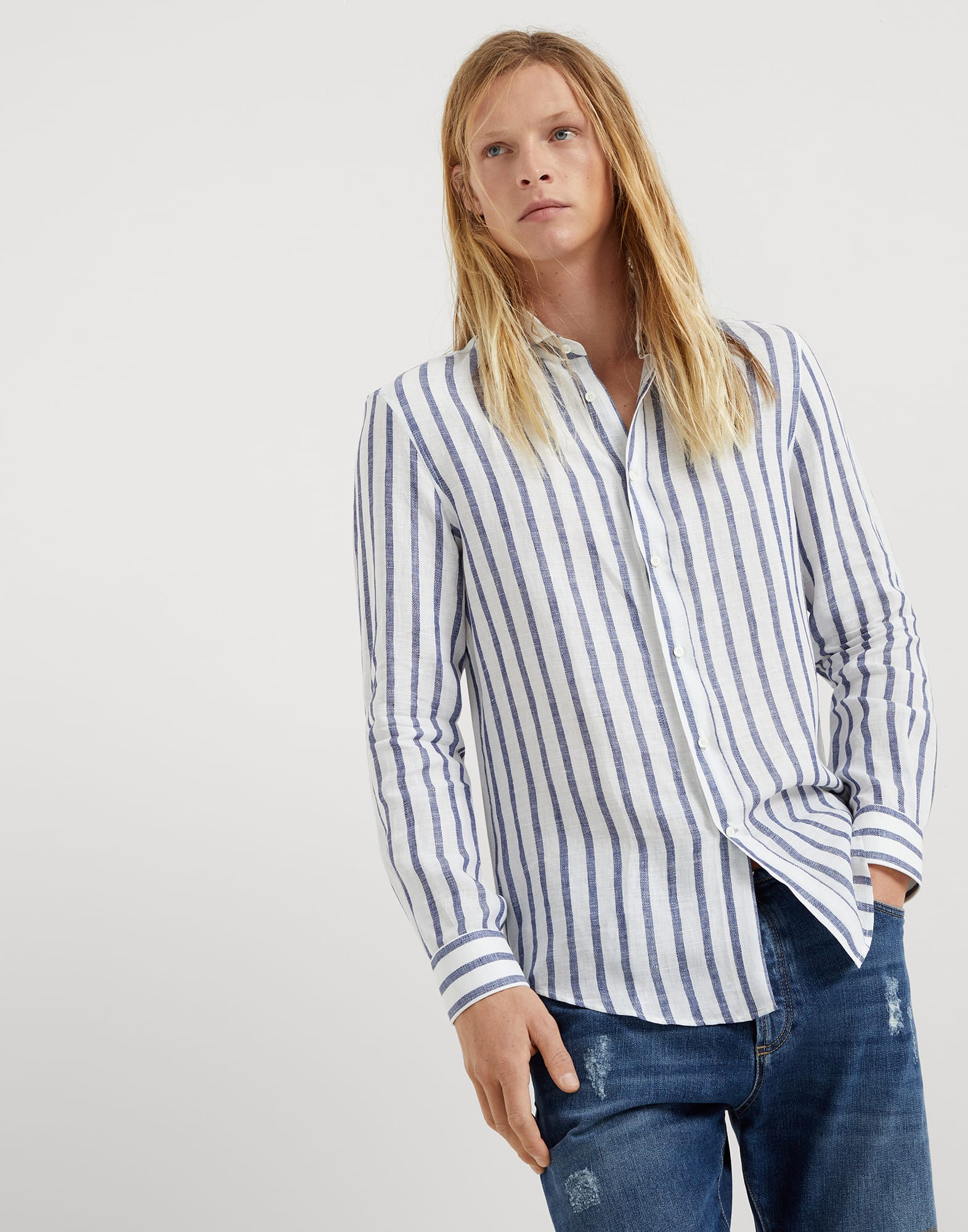 Striped linen easy fit shirt with spread collar