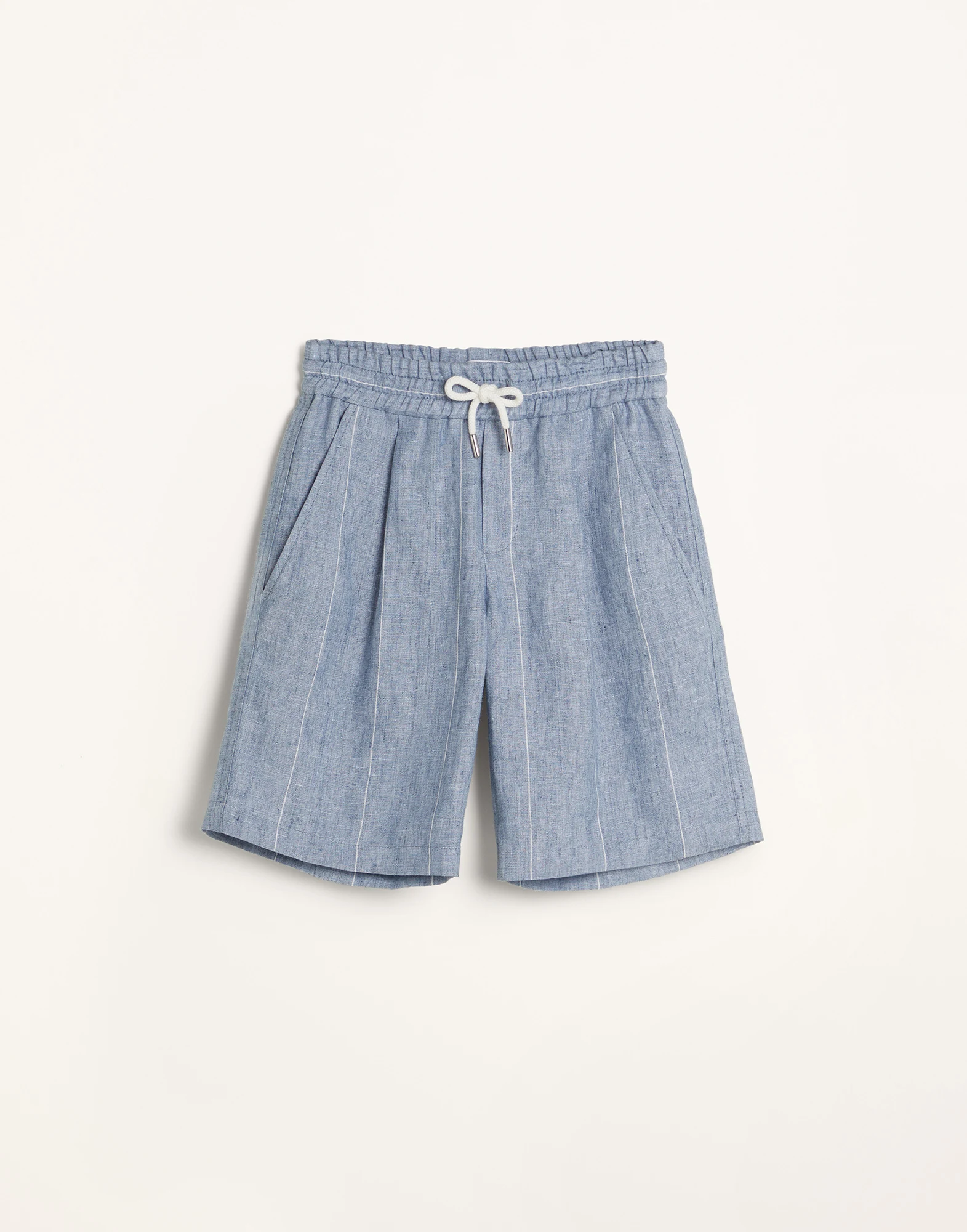 Linen wide chalk stripe Bermuda shorts with drawstring and pleats