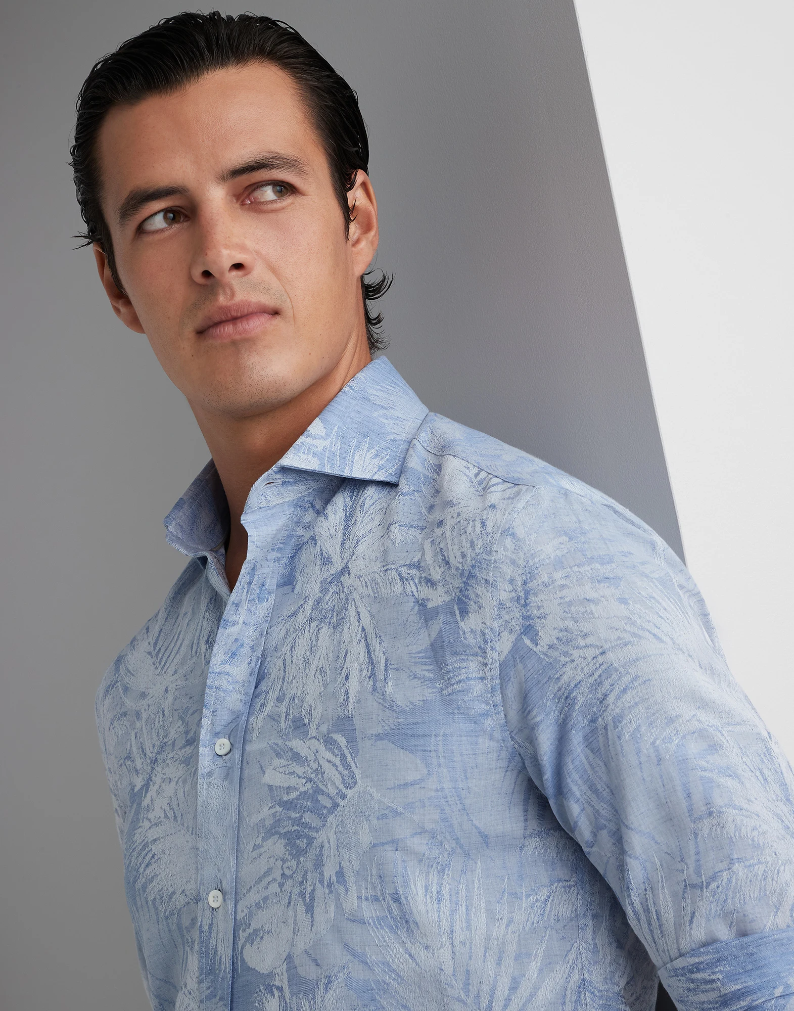 Palm Jacquard linen and cotton slim fit shirt with spread collar