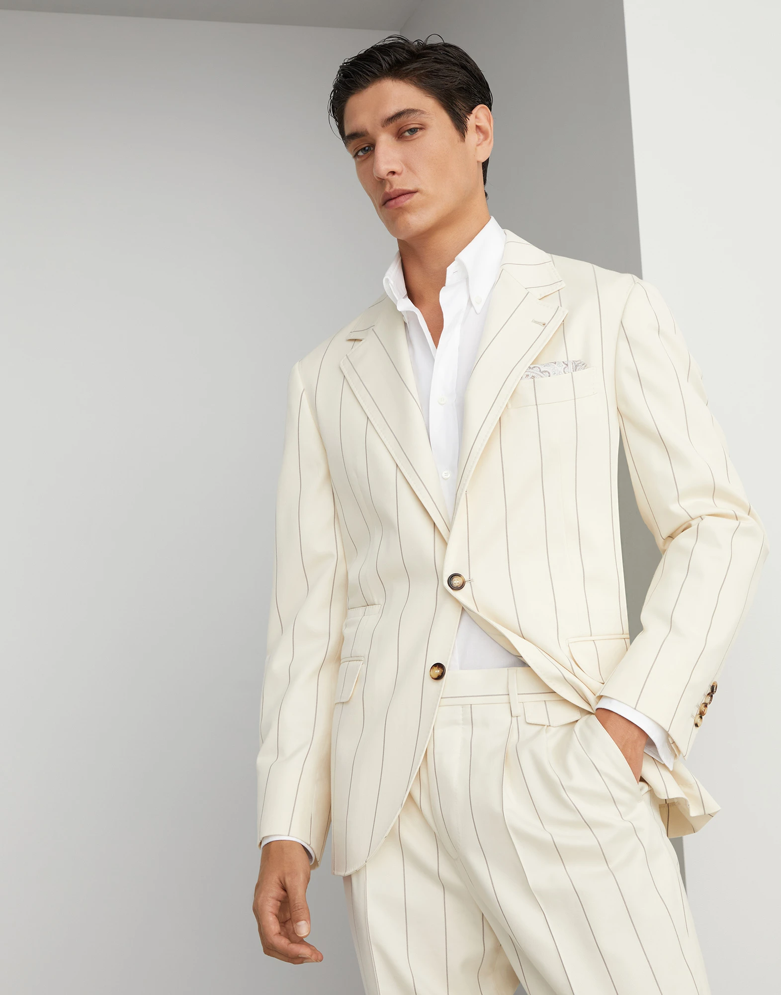 Wool and Sea Island cotton chalk stripe gabardine deconstructed blazer