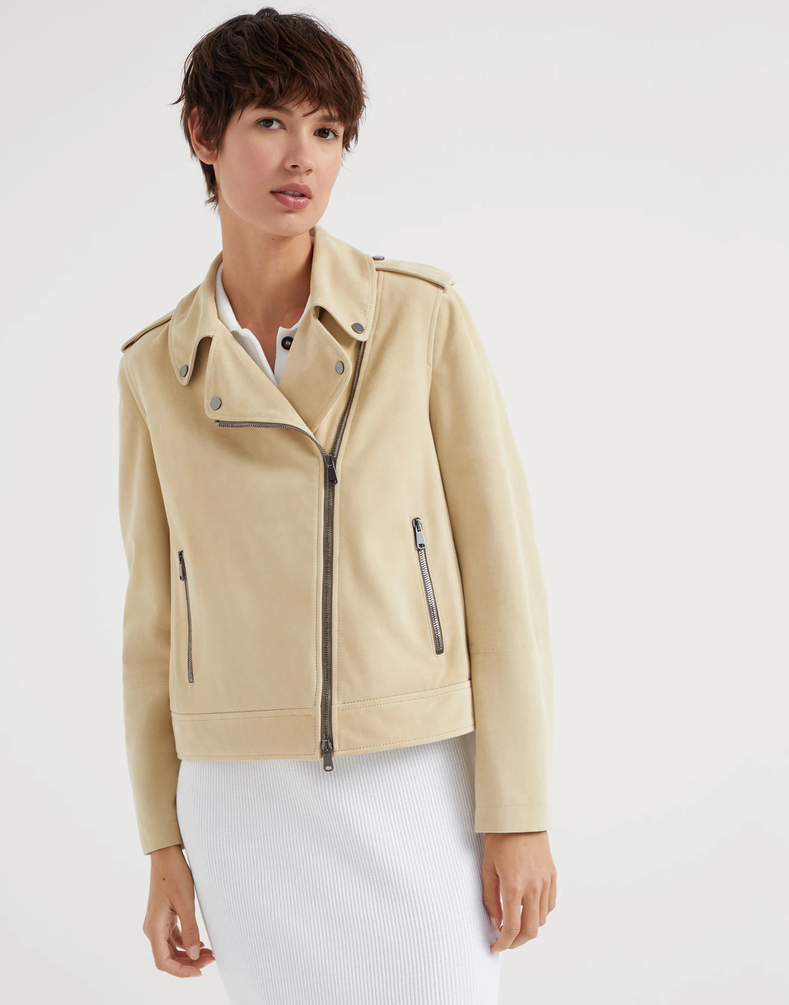 Suede biker jacket with monili