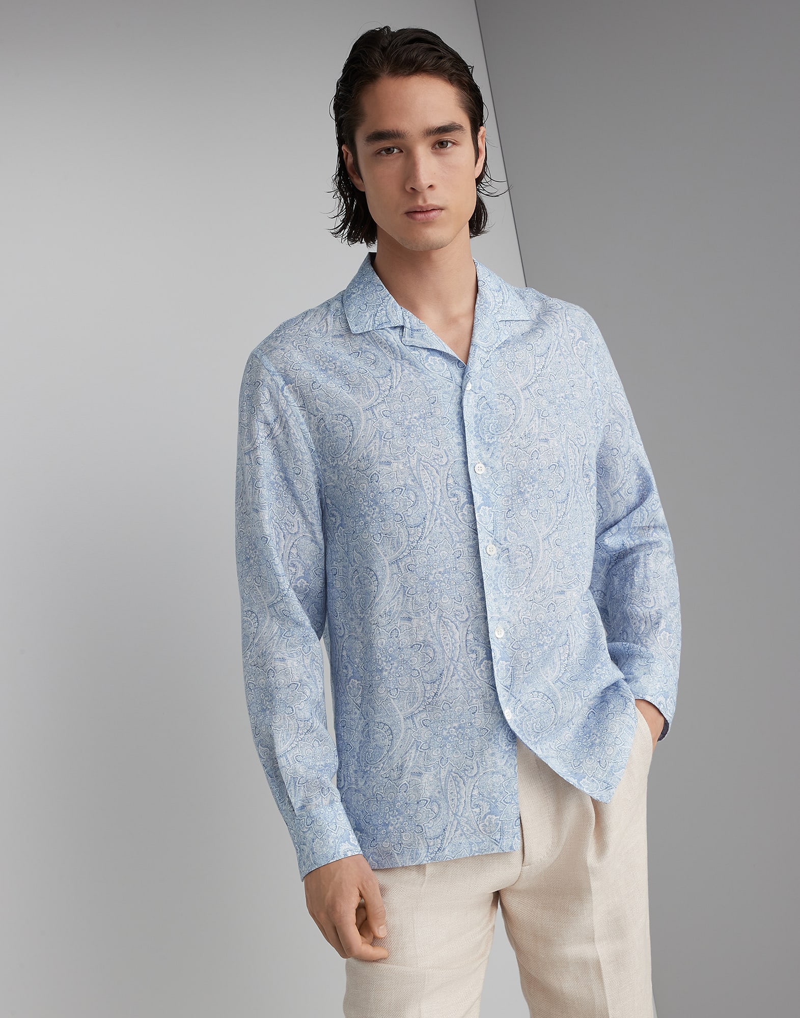 Paisley Flower linen easy fit shirt with camp collar