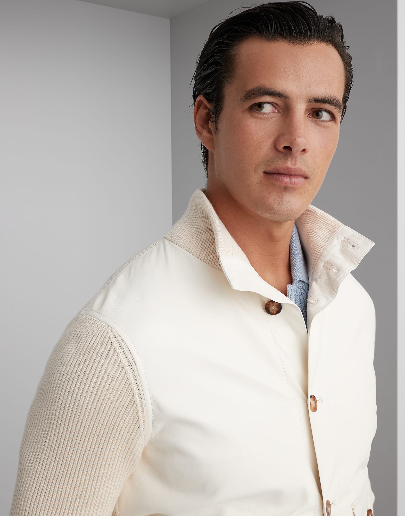 Nappa leather and cotton knit outerwear jacket