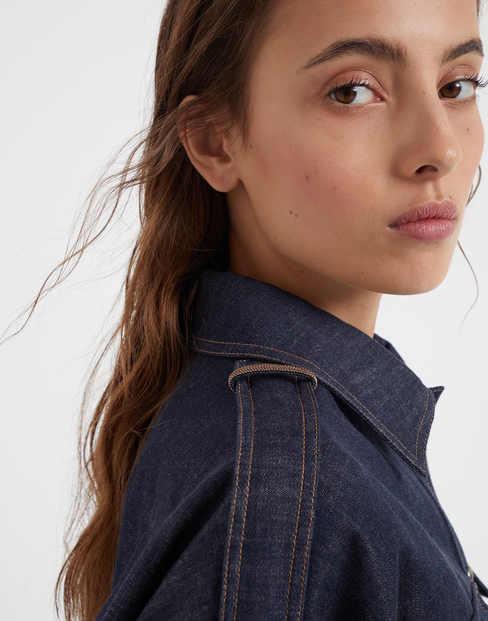 Dark polished denim shirt with shiny epaulettes