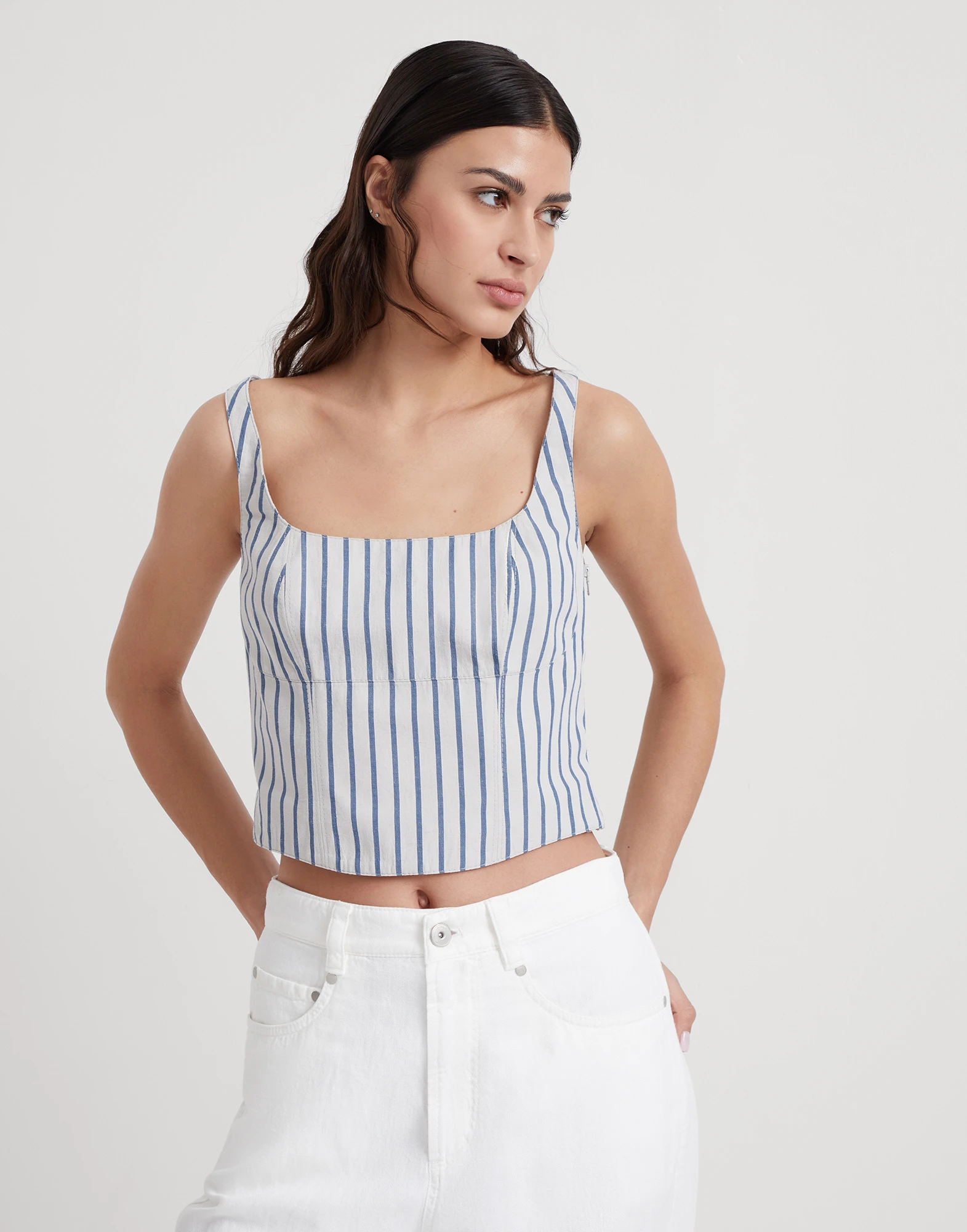 Striped cotton and linen wrinkled poplin cropped top