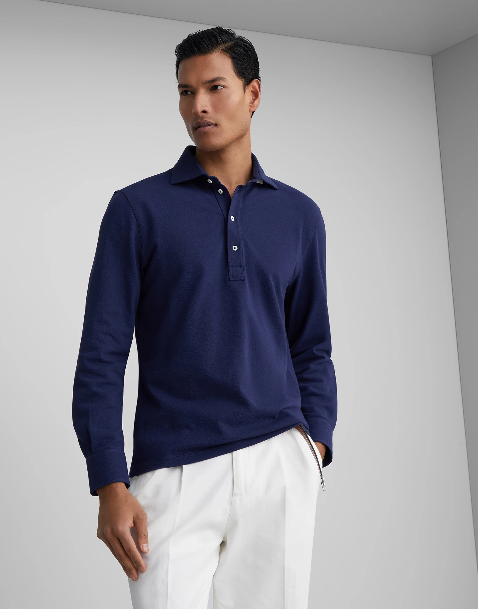 Cotton pique long sleeve polo with shirt-style collar