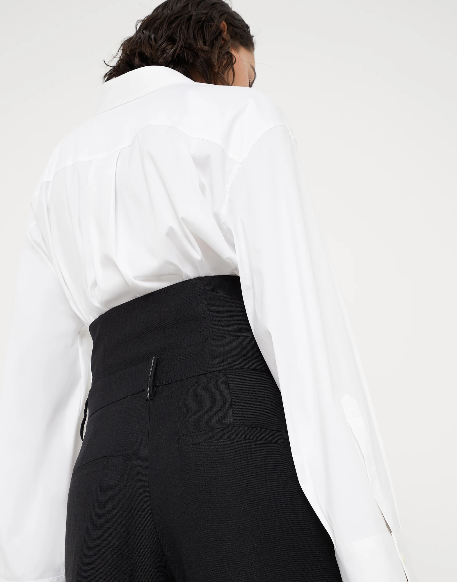 Viscose and linen fluid twill loose straight trousers with removable corset waistband and monili
