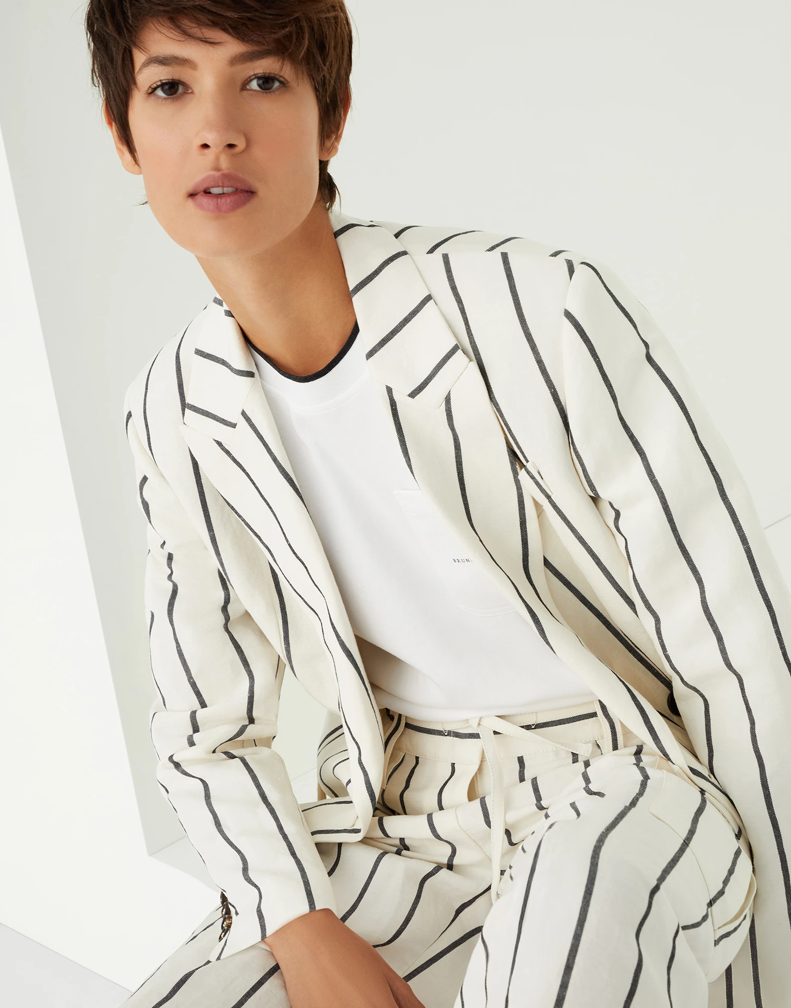 Striped linen and cotton matching set with monili