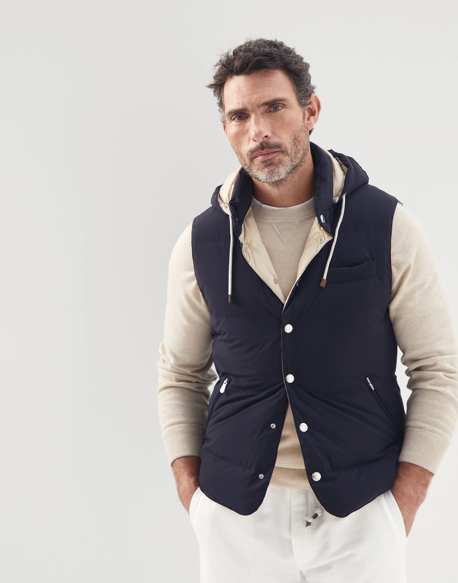 Bonded nylon down vest with detachable hood