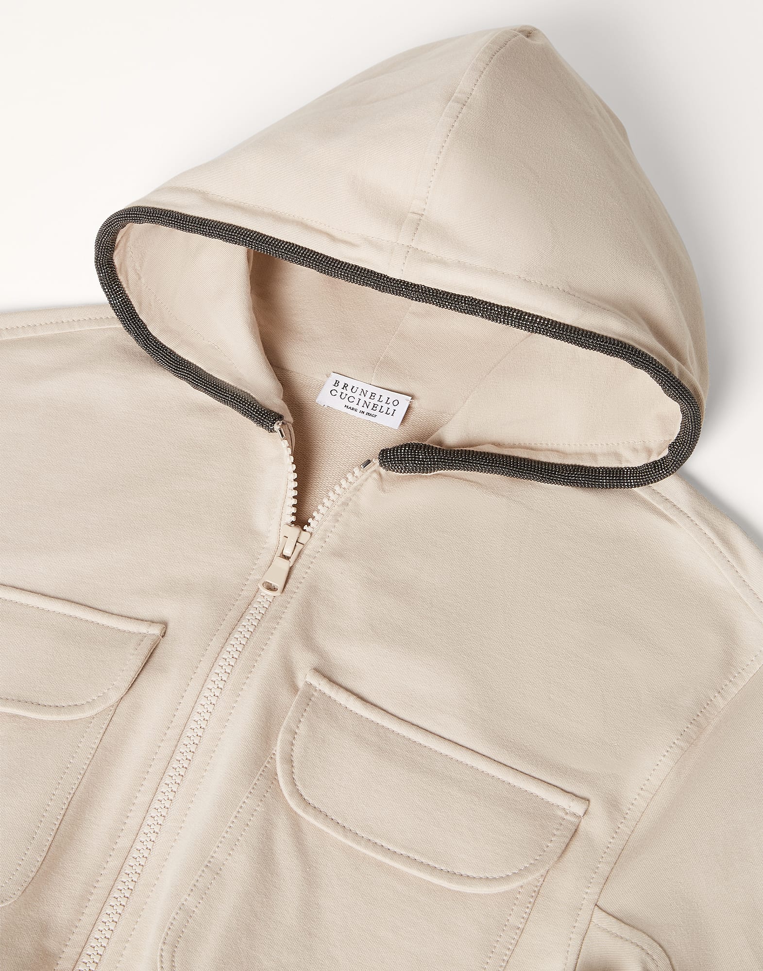 Stretch cotton lightweight French terry hooded sweatshirt and monili