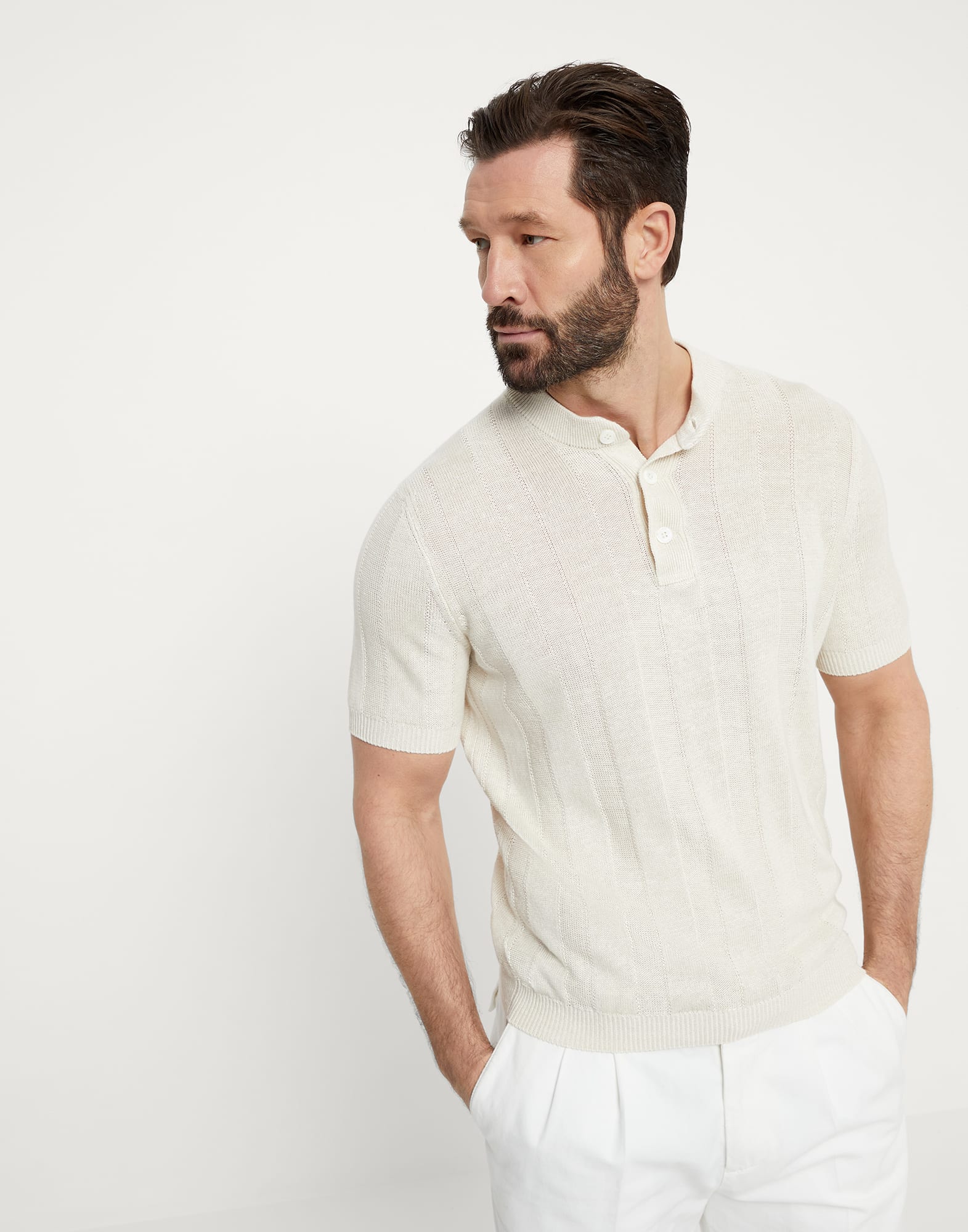 Linen and cotton textured rib knit T-shirt with Henley collar
