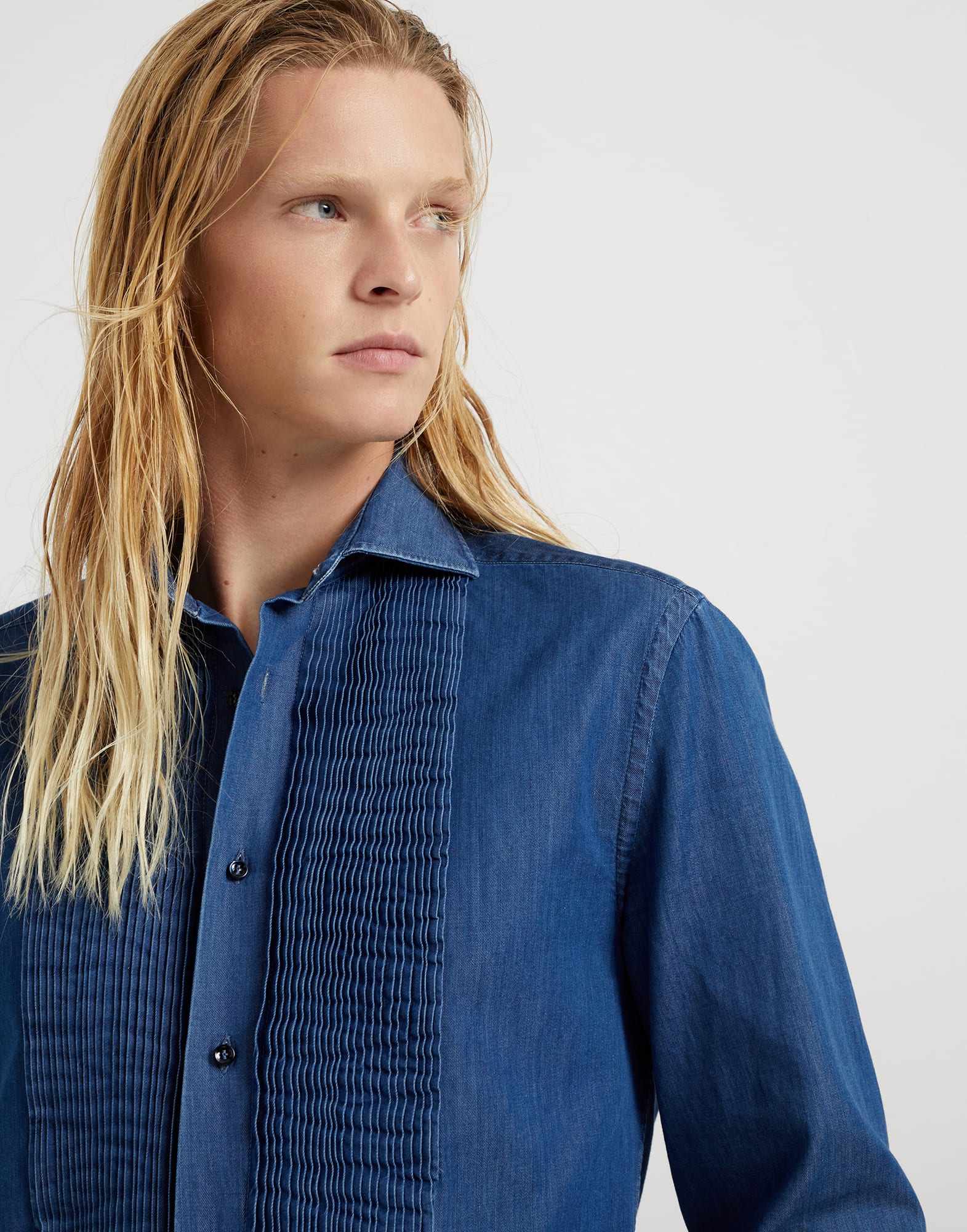 Lightweight denim slim fit tuxedo shirt with pleated bib, spread collar and French cuffs
