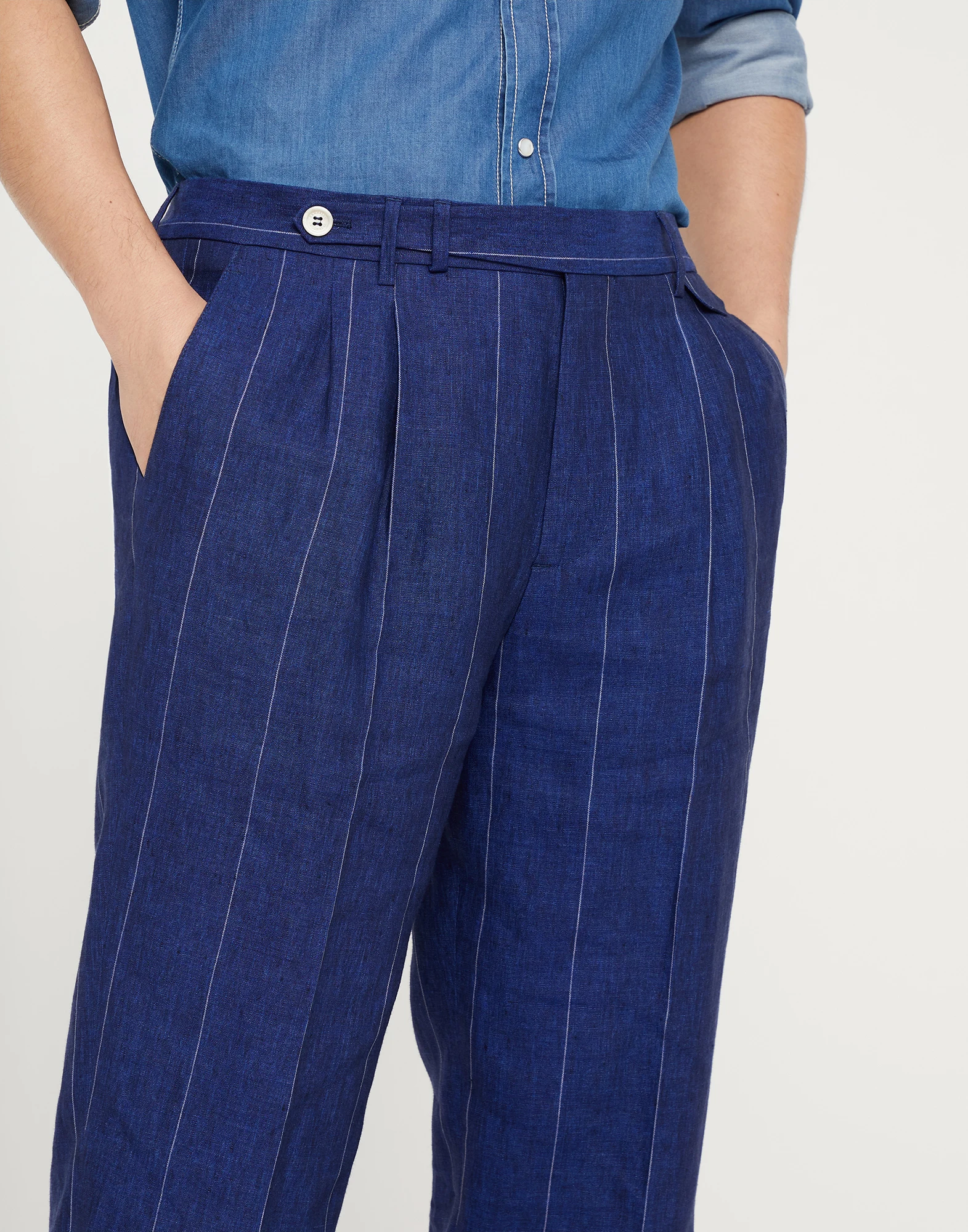 Linen wide chalk stripe leisure fit trousers with double pleats and tabbed waistband