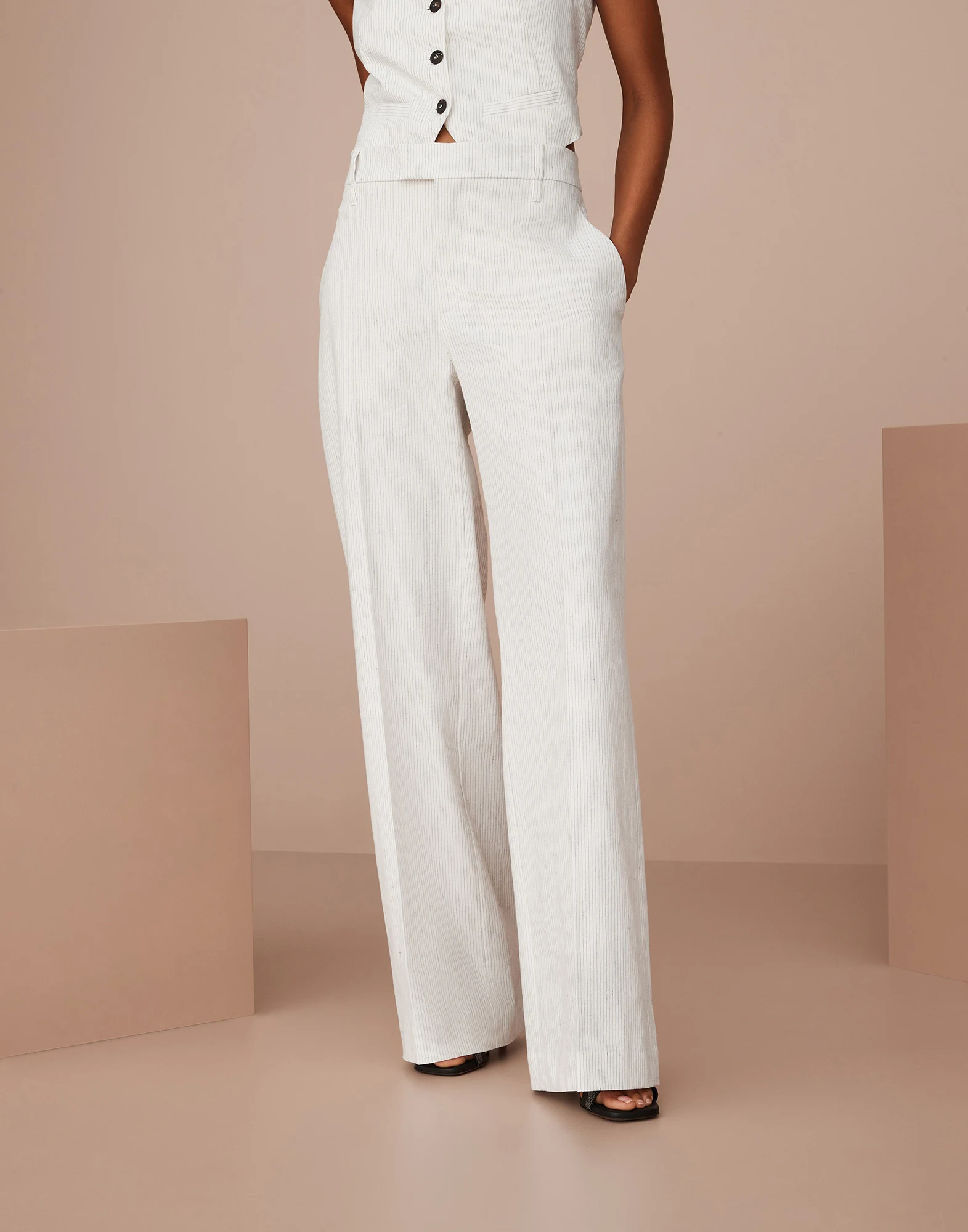 Striped comfort linen and cotton loose flared trousers with monili