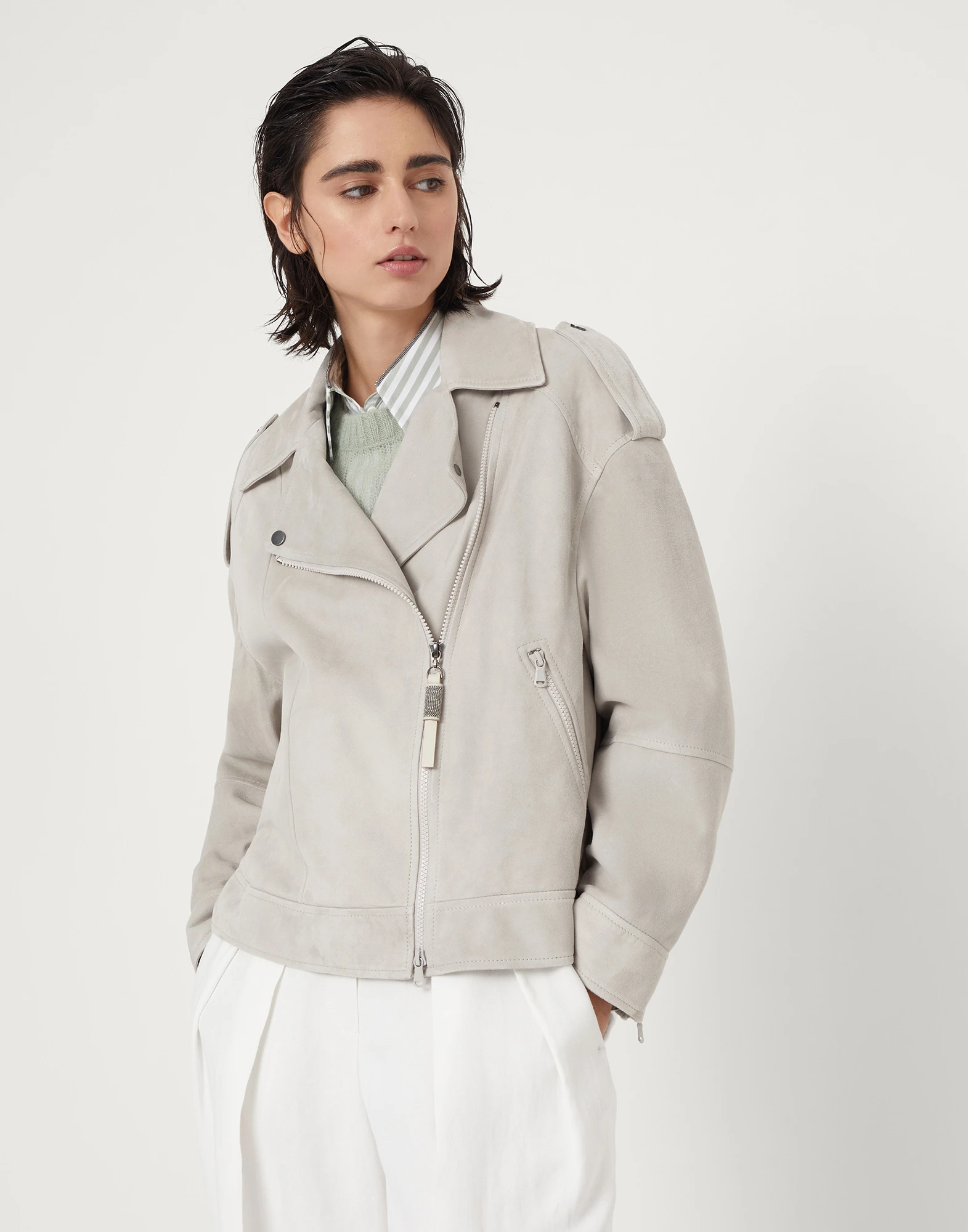 Couture suede biker jacket with precious zipper pull
