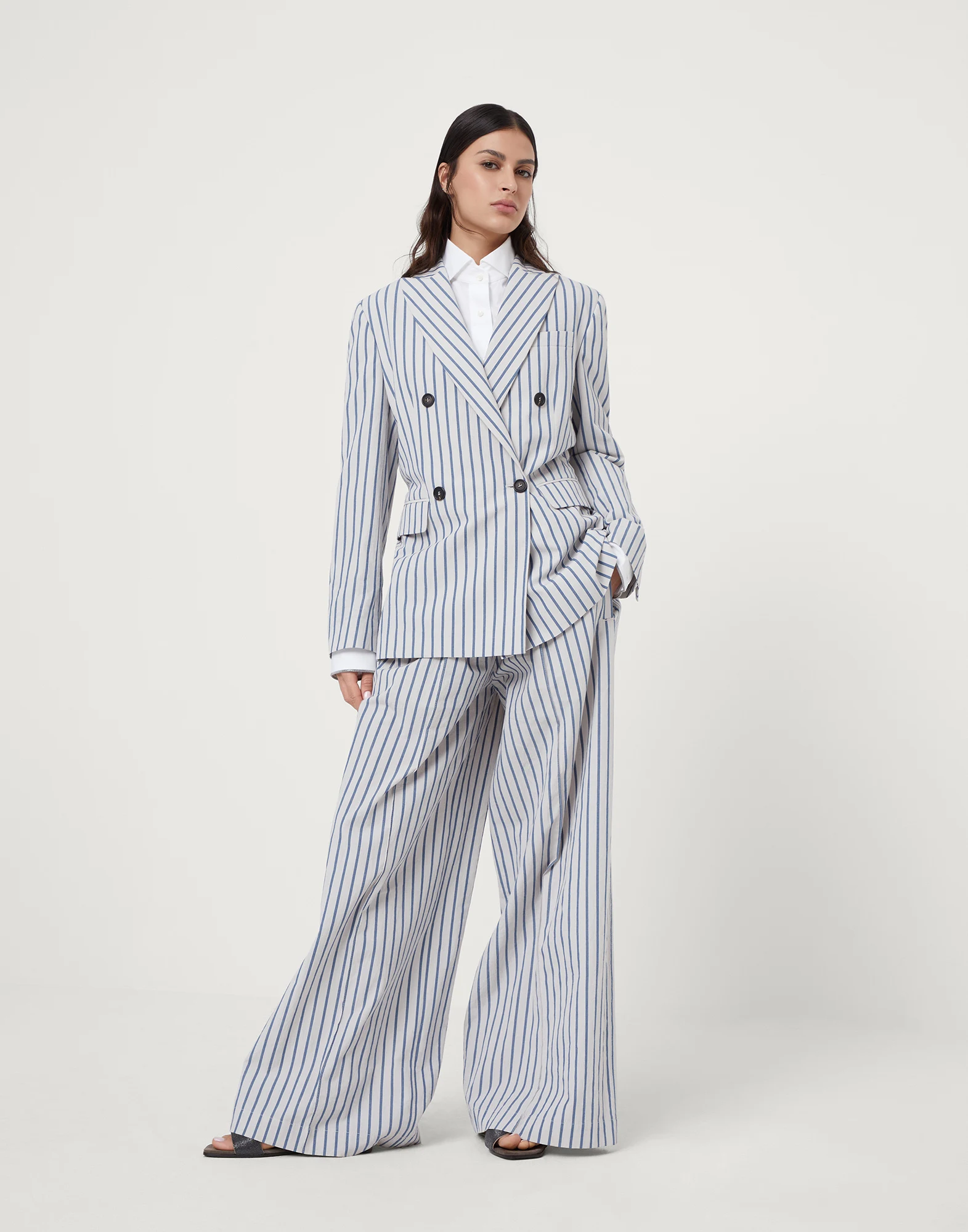 Striped cotton and linen wrinkled poplin matching set with monili