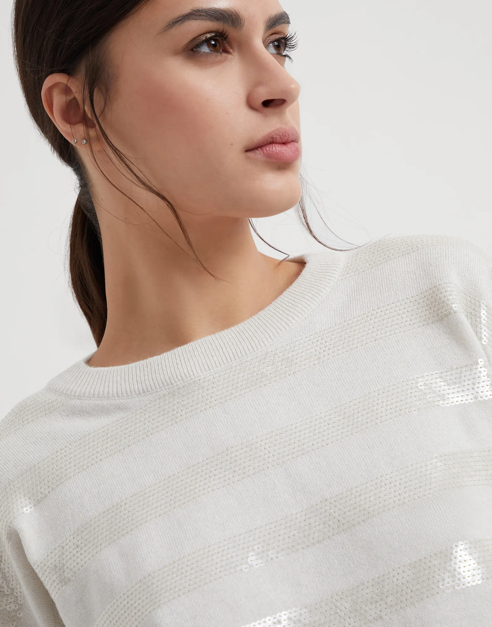 Cashmere sweater with dazzling stripe embroidery