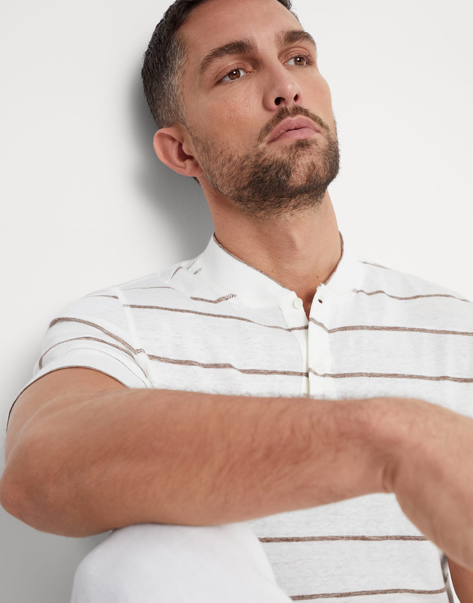 Linen and cotton striped jersey Henley collar T-shirt