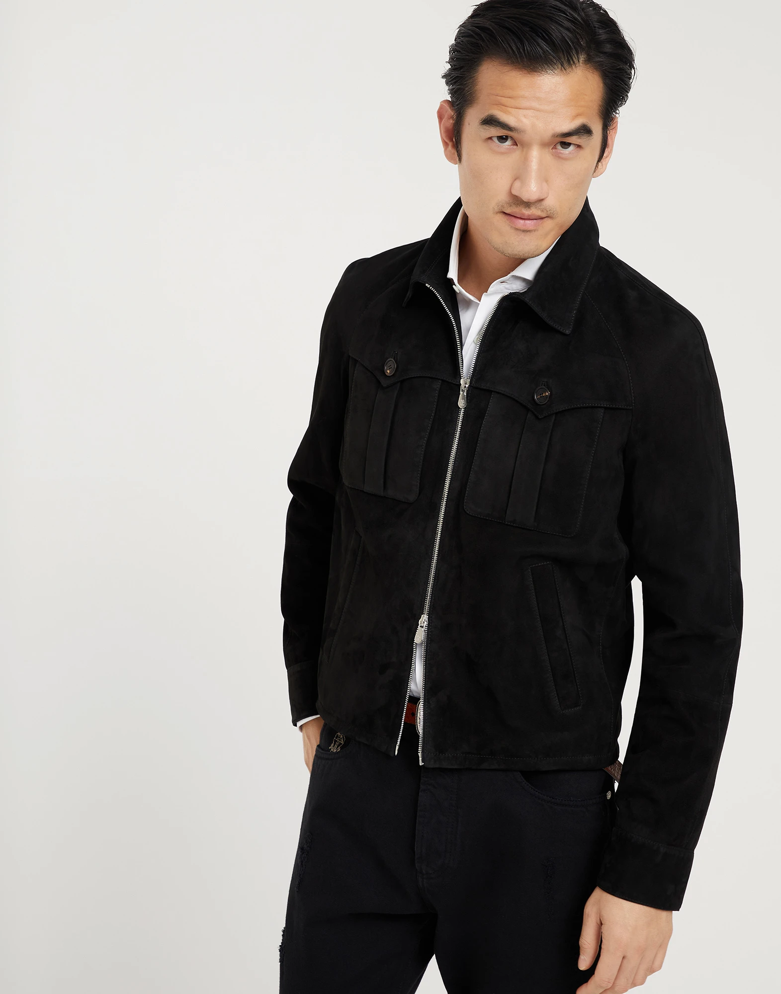 Suede outerwear jacket with chest pockets and raglan sleeves