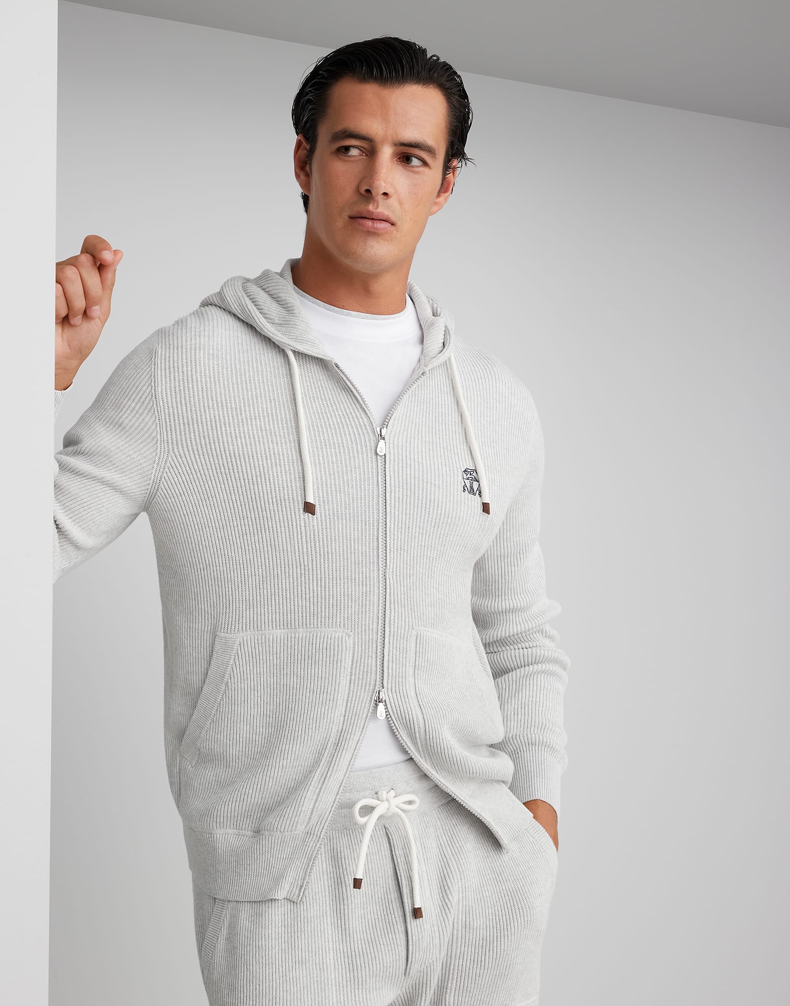 Cotton English rib knit hooded sweatshirt with zipper