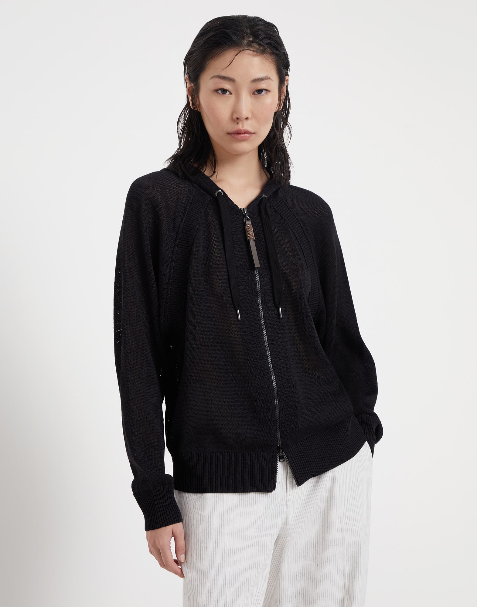 Cotton knit hooded sweatshirt with precious zipper pull