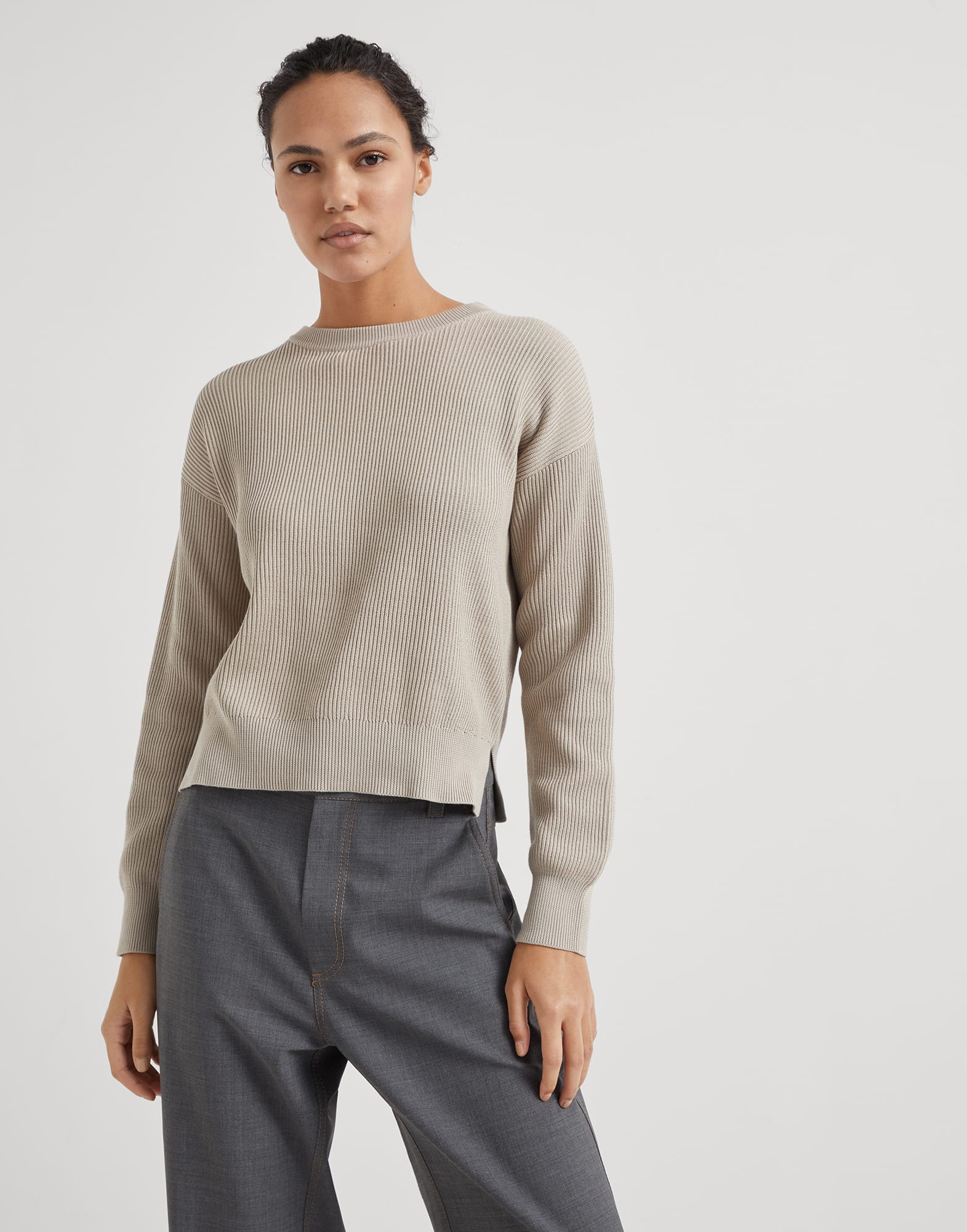 Cotton English rib sweater with monili
