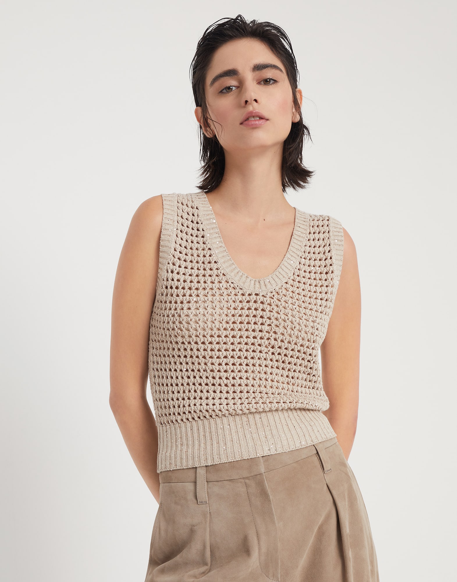 Cotton dazzling net knit top