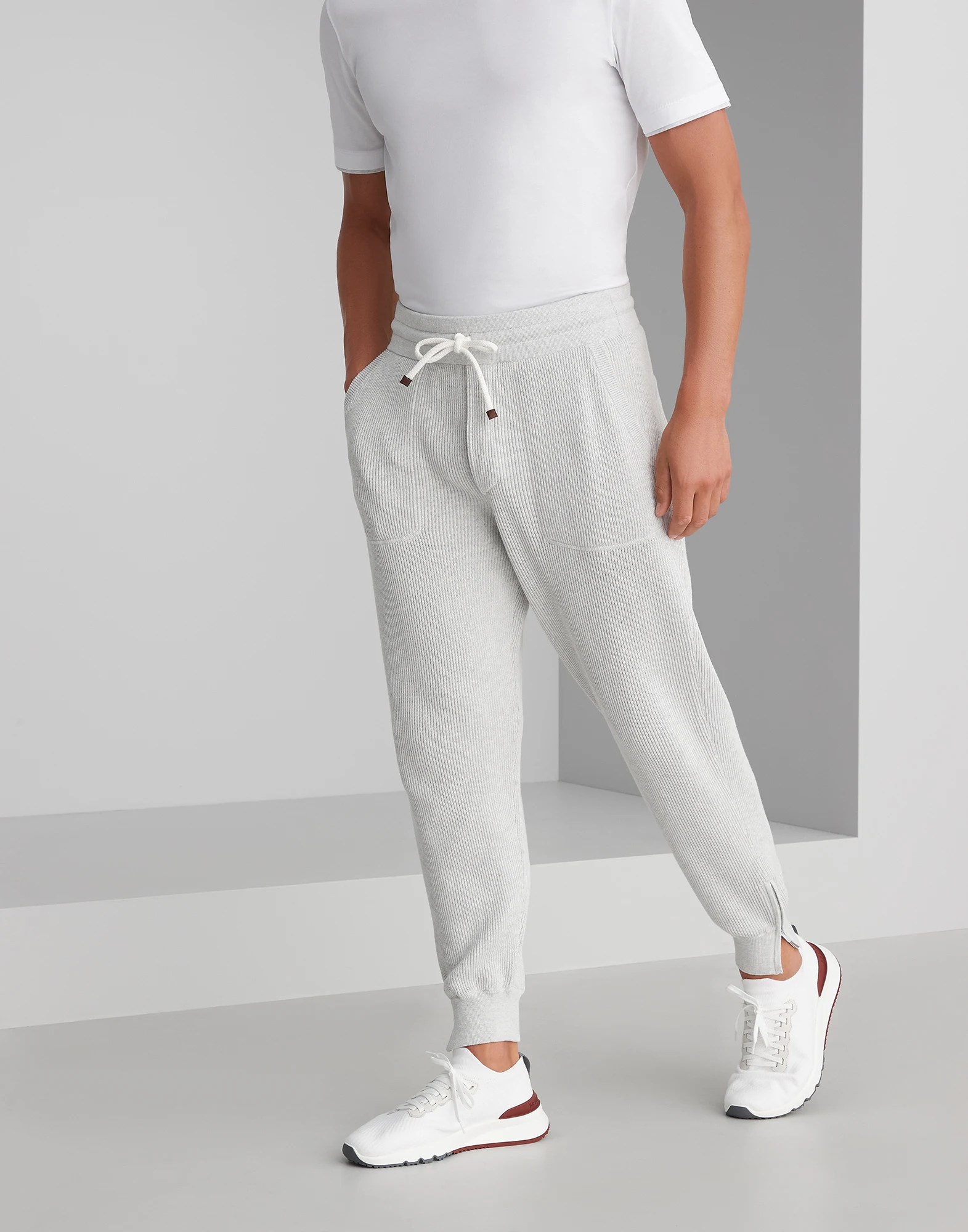 Cotton English rib knit trousers with zipper cuffs