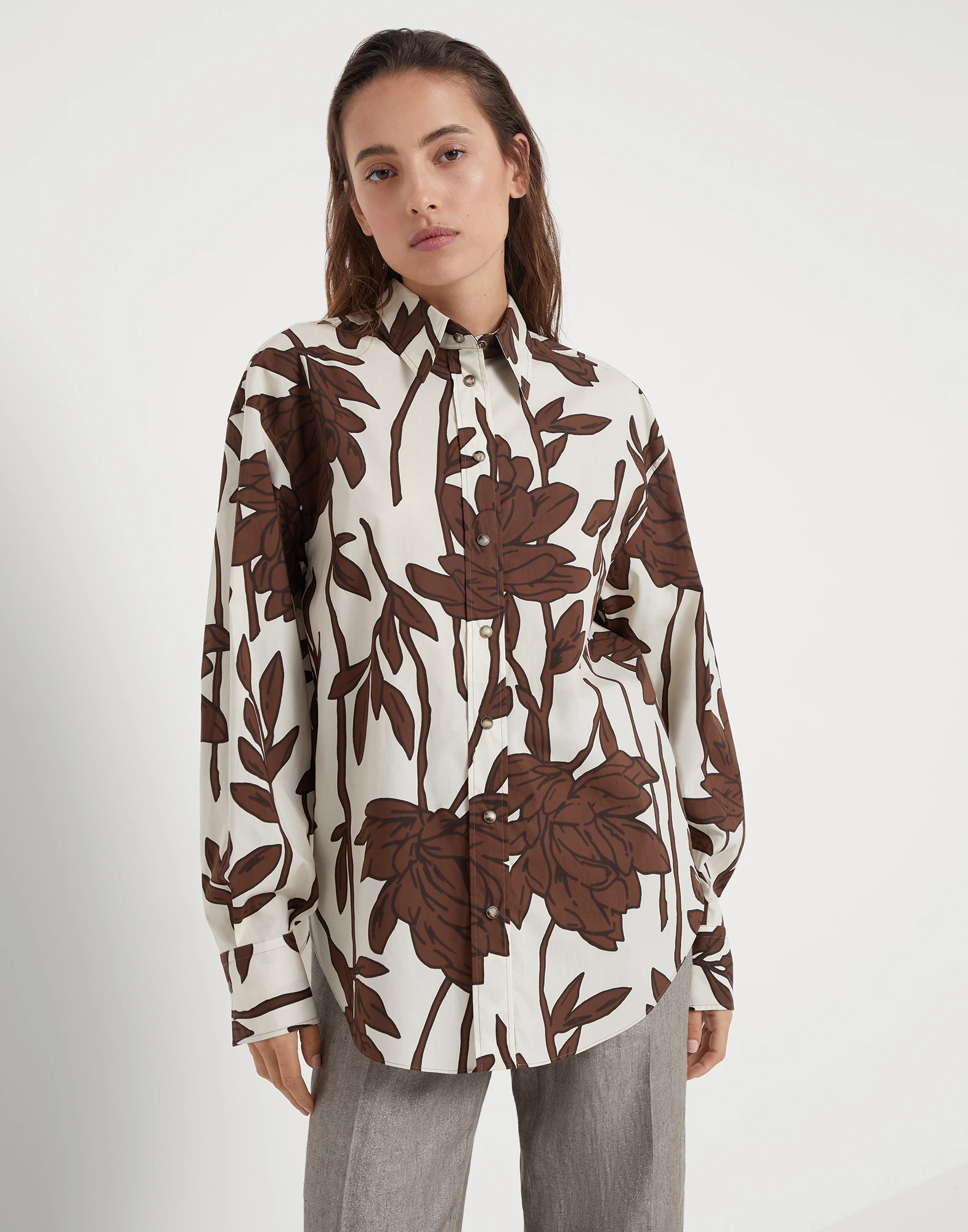 Cotton ramage print poplin shirt with monili