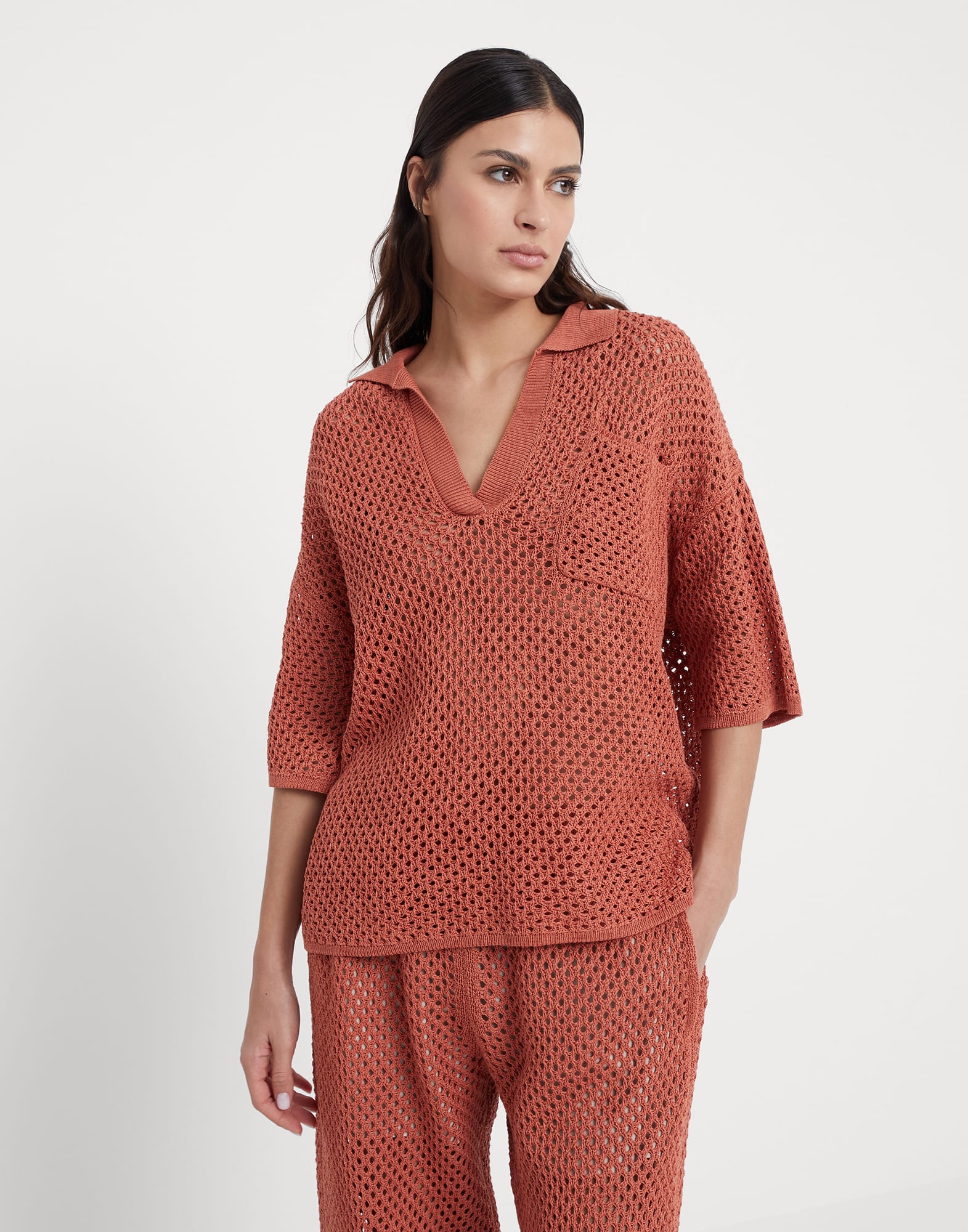 Cotton polo-style net sweater