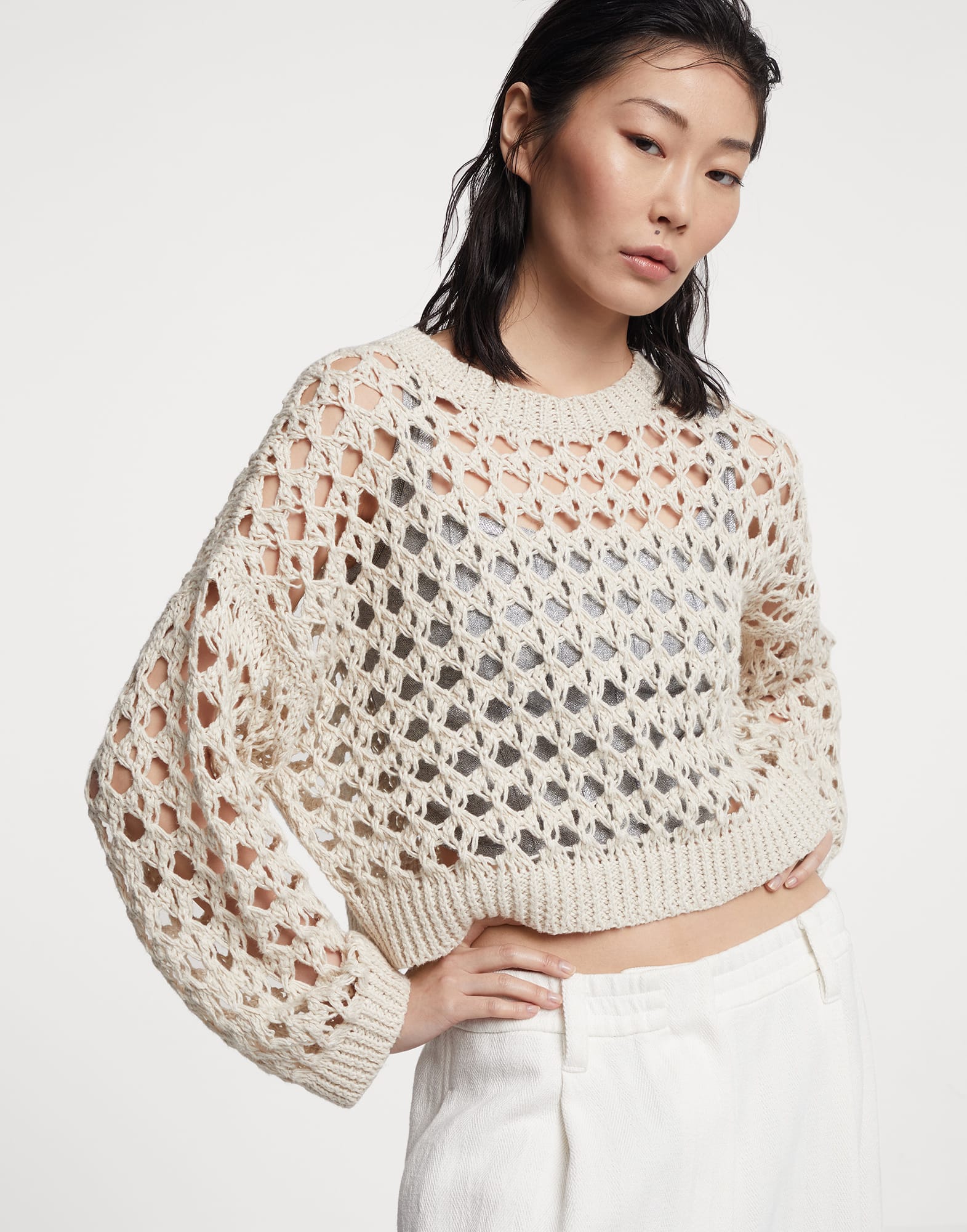 Jute and cotton cropped mesh sweater