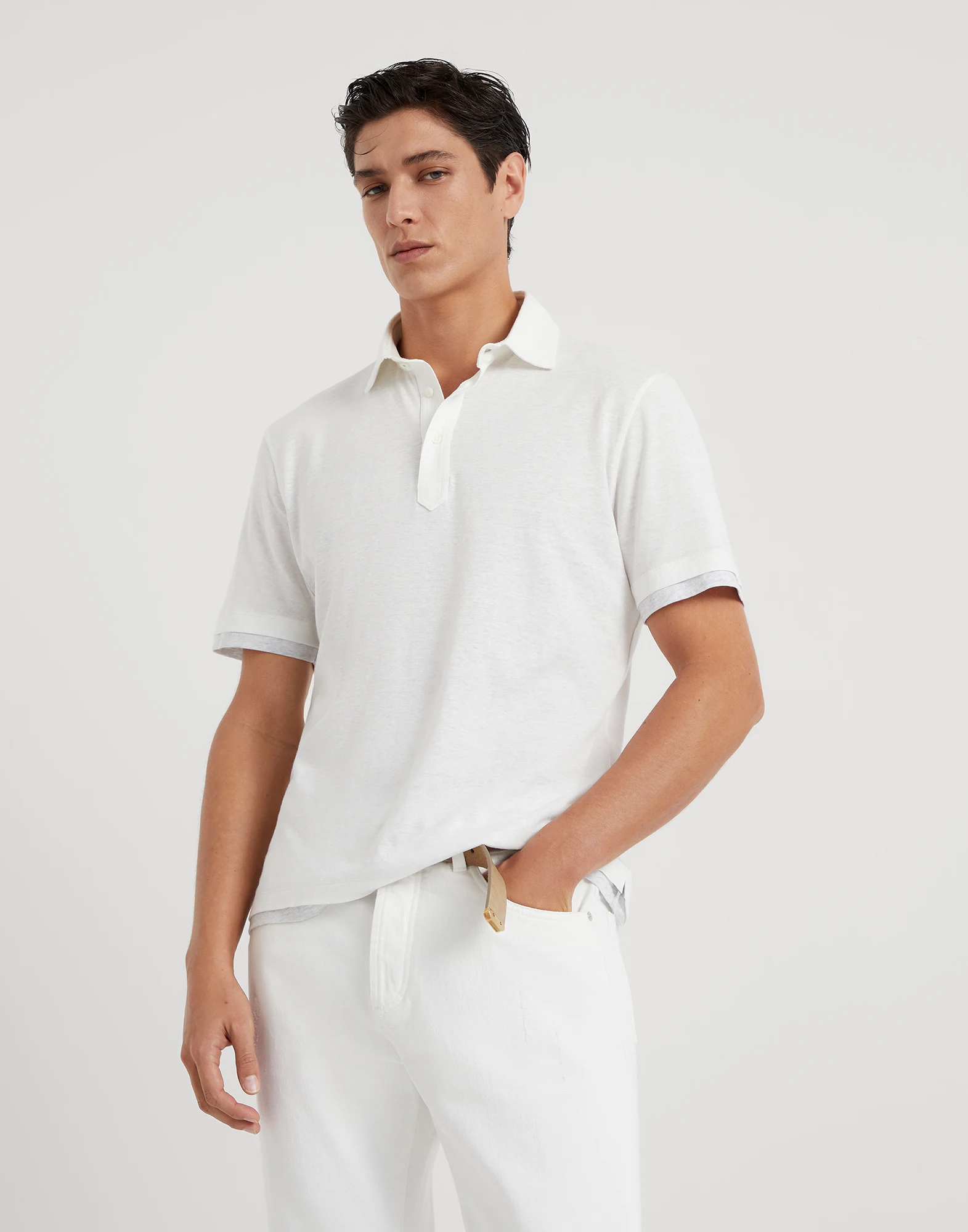 Linen and cotton jersey shirt-style collar polo with faux-layering